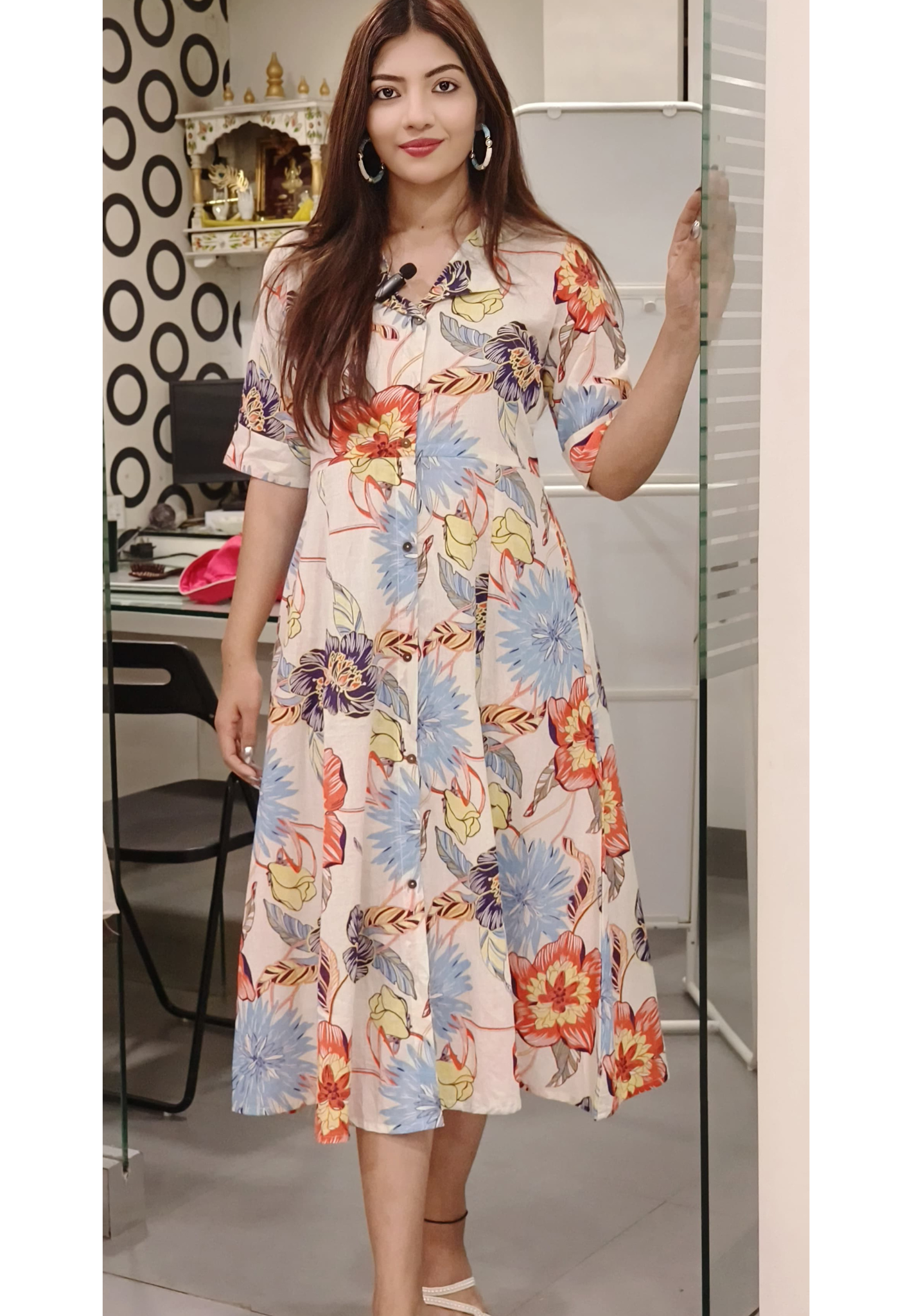 Cotton Collar Big Floral Print Casual Frock With Pocket 9532