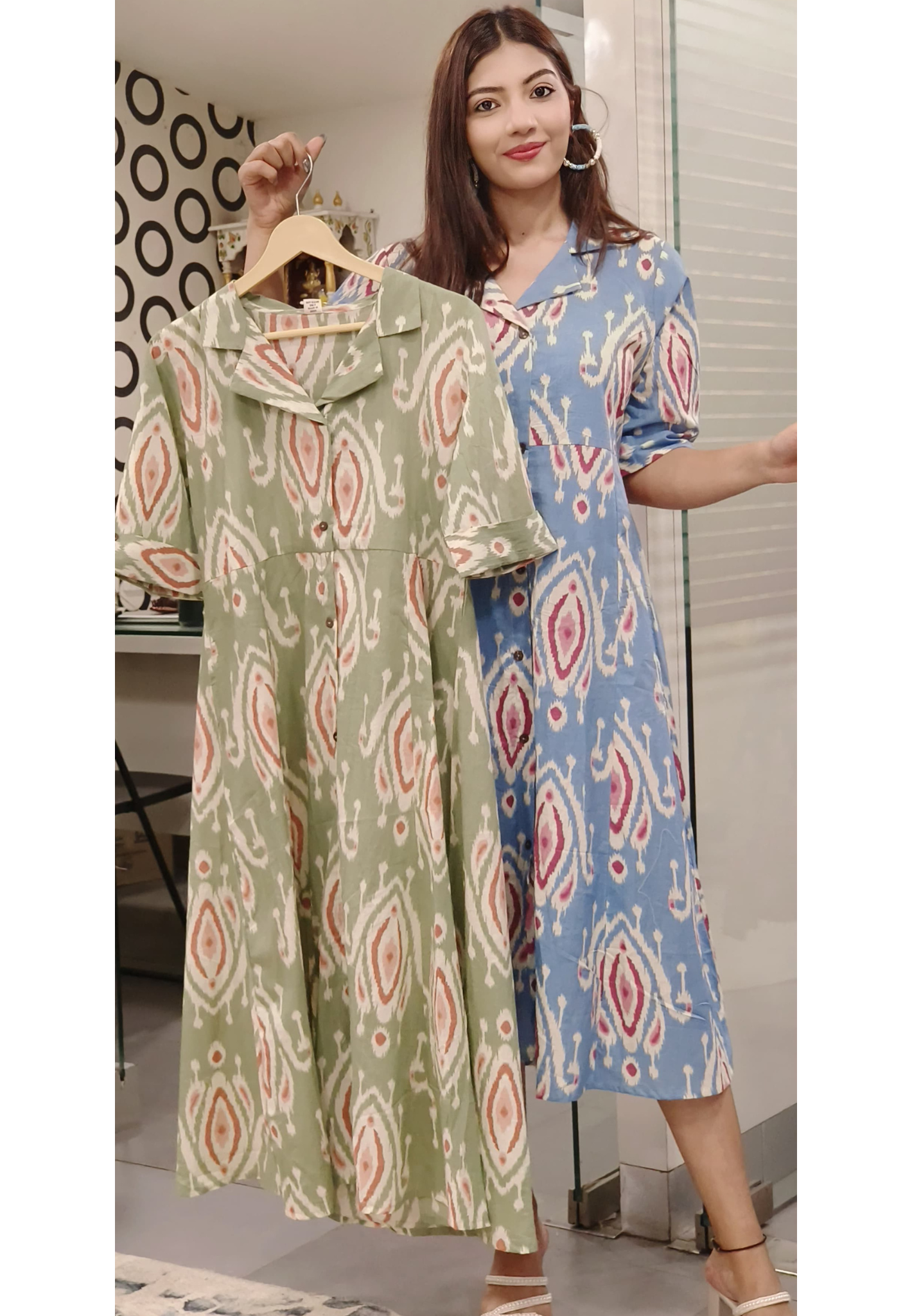 Ikkat Print Summer Style Printed Cotton Casual Frock With Pocket 9535,9534