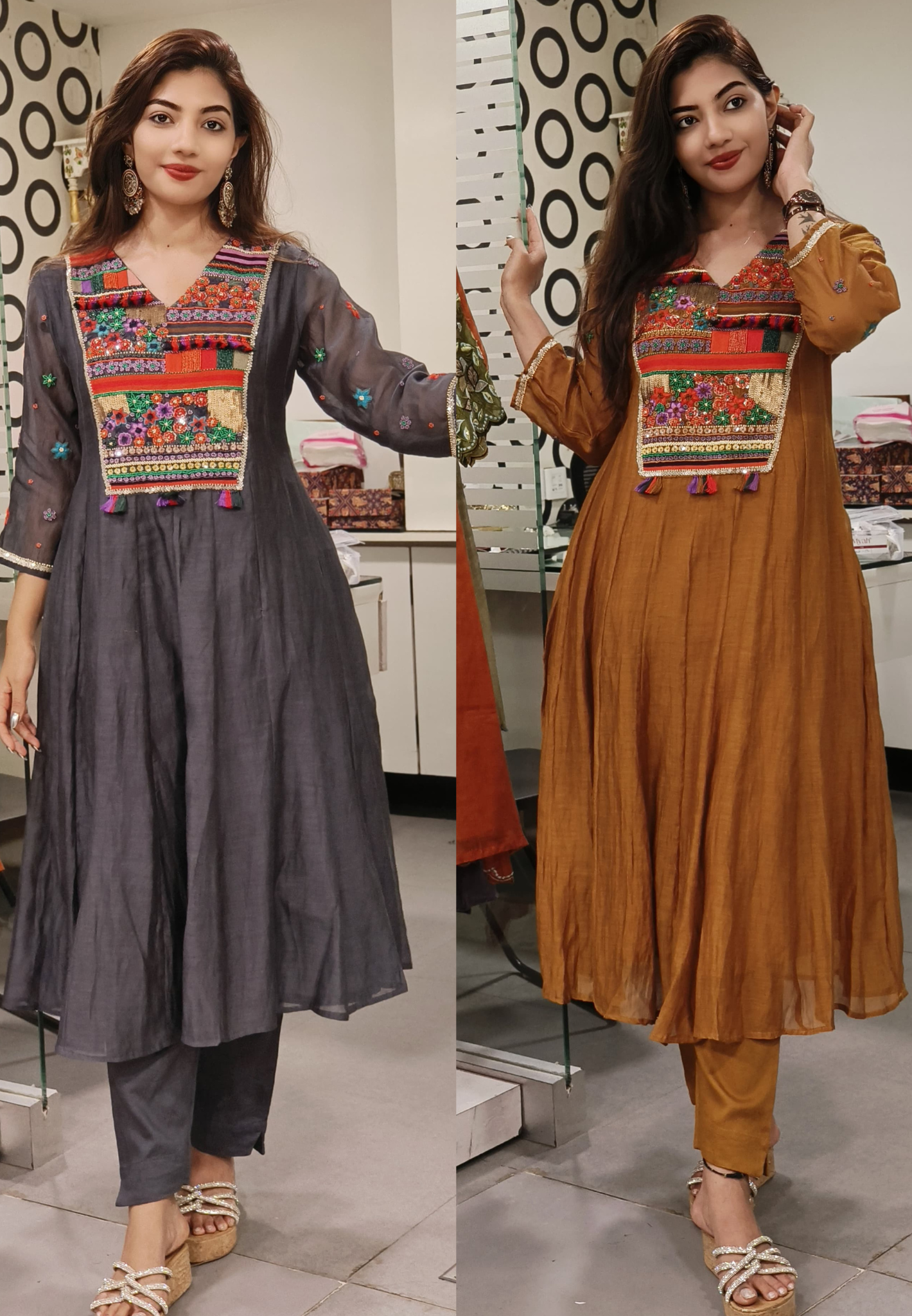 Elegance Redefined Mul Chanderi A-Line Kurta Set with Exquisite Multicolor Embroidery and-Matching Pants-9508,9509