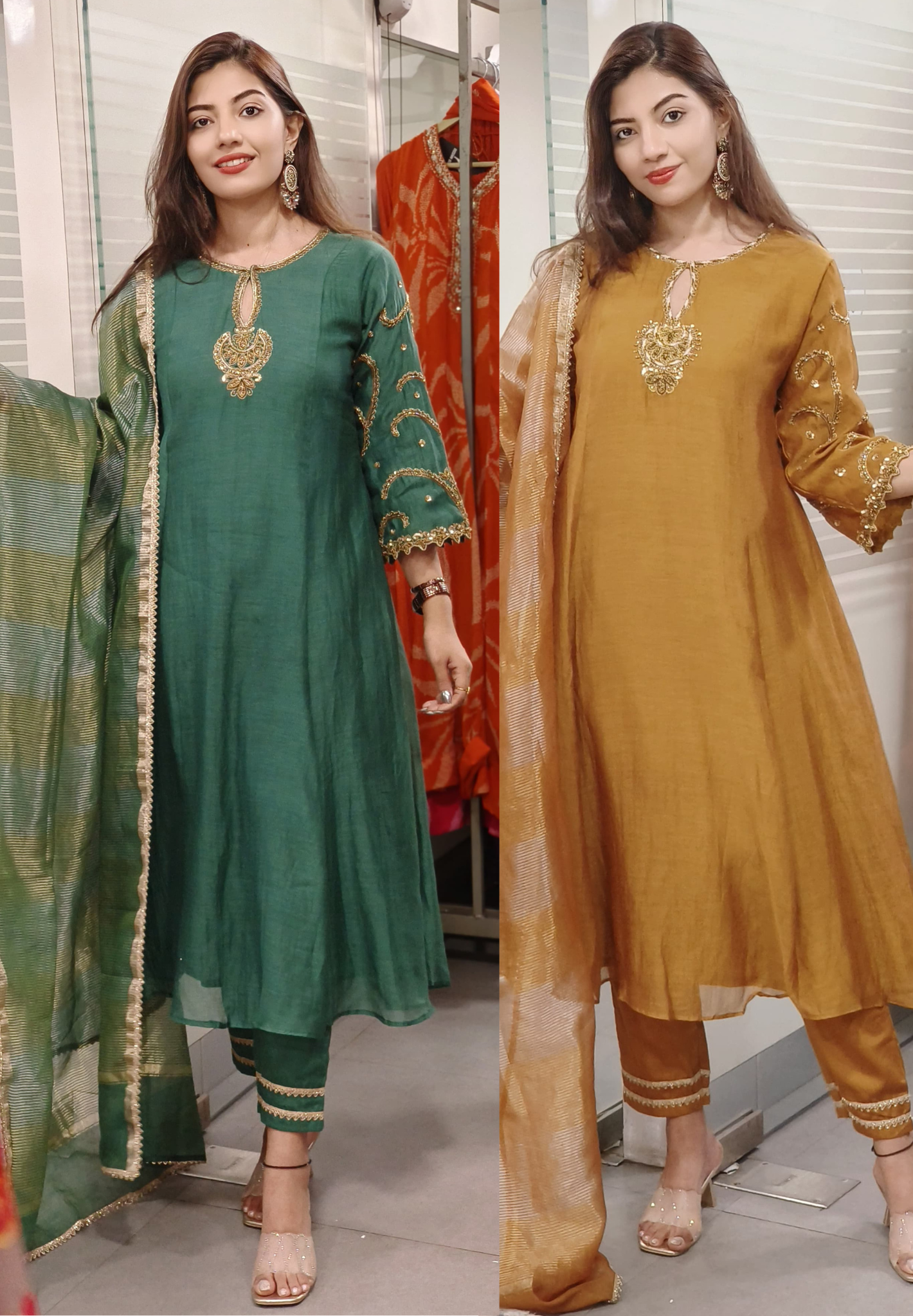 Gracefully Embroidered Mul Chanderi A-line Full Suit Set with Tissue Dupatta -9506,9507