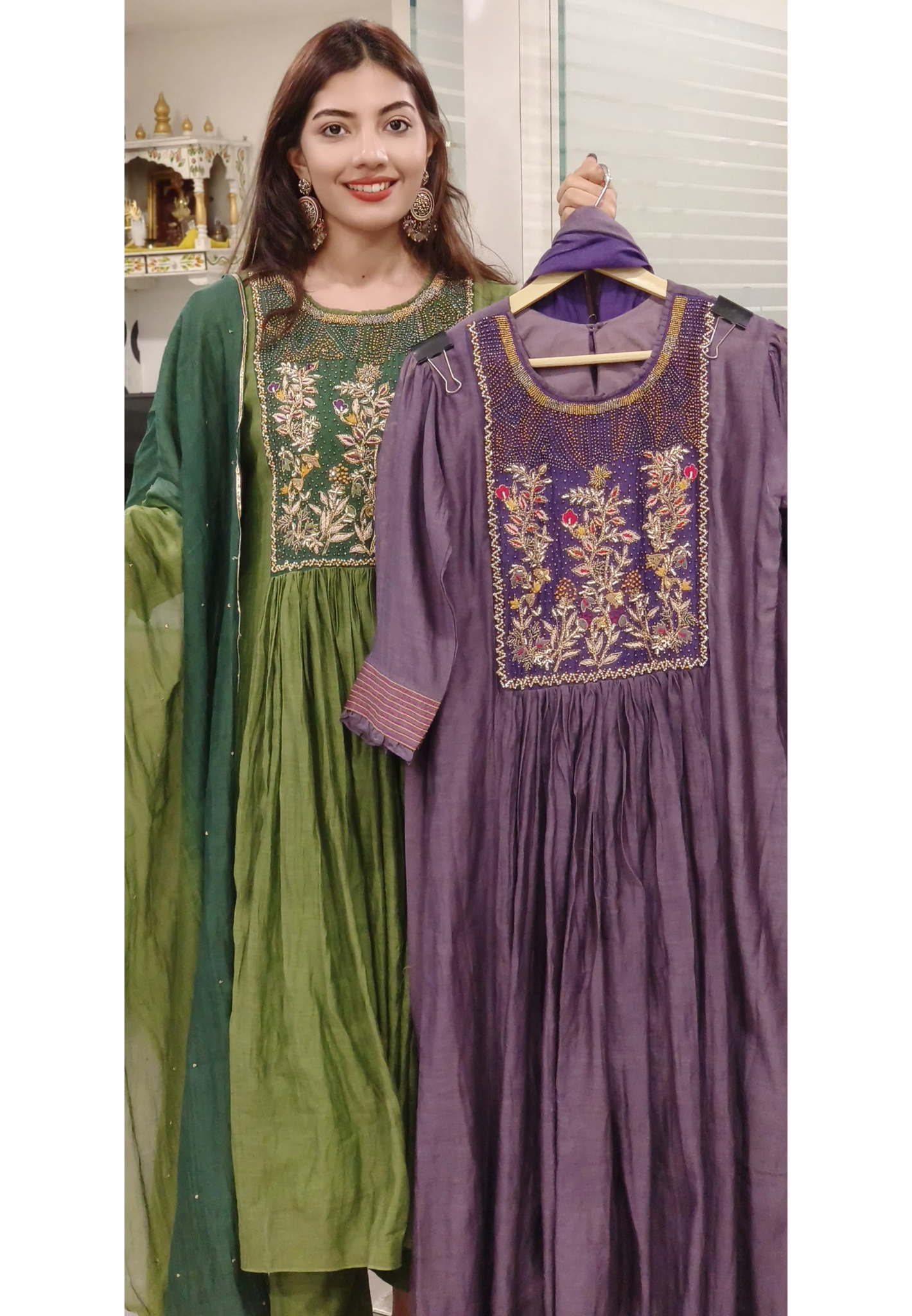 Elegant Mul Chanderi Fabric Embroidered A-Line Full Suit Set with Beads Embroidered Yoke & Shaded Dupatta 9513,9512