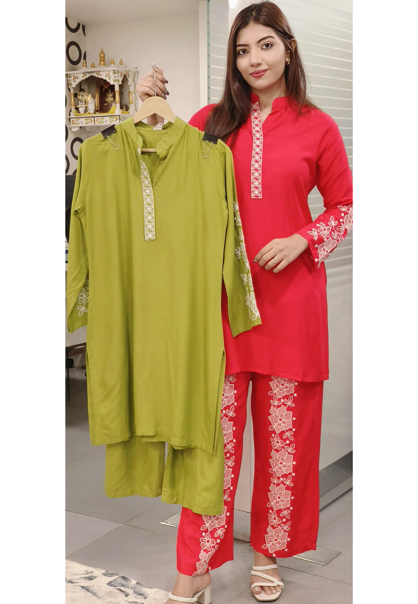 Medarian Collar Soild Color Embroidered Cord Set With Embroidered Bottom-9528,9527