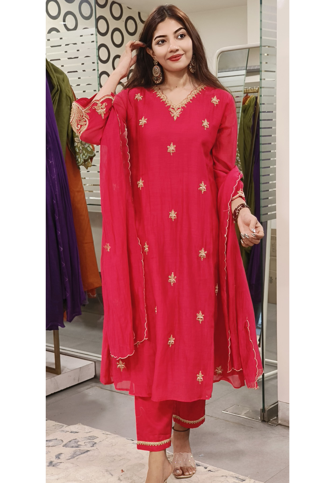 Graceful Mul Chanderi Embroidered A-Line Kurta Set with Matching Pants and Dupatta -9511,9510