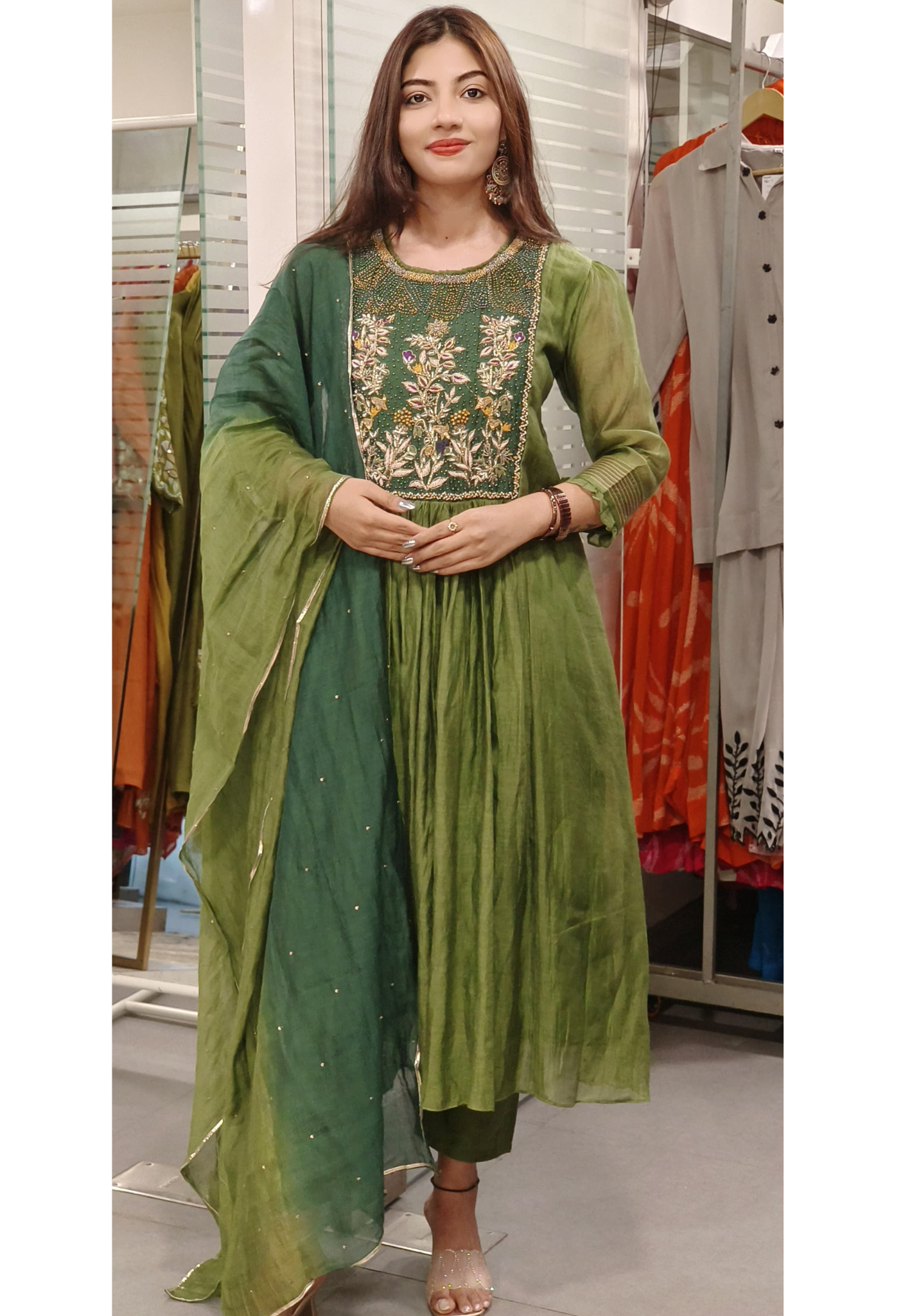 Elegant Mul Chanderi Fabric Embroidered A-Line Full Suit Set with Beads Embroidered Yoke & Shaded Dupatta 9513,9512