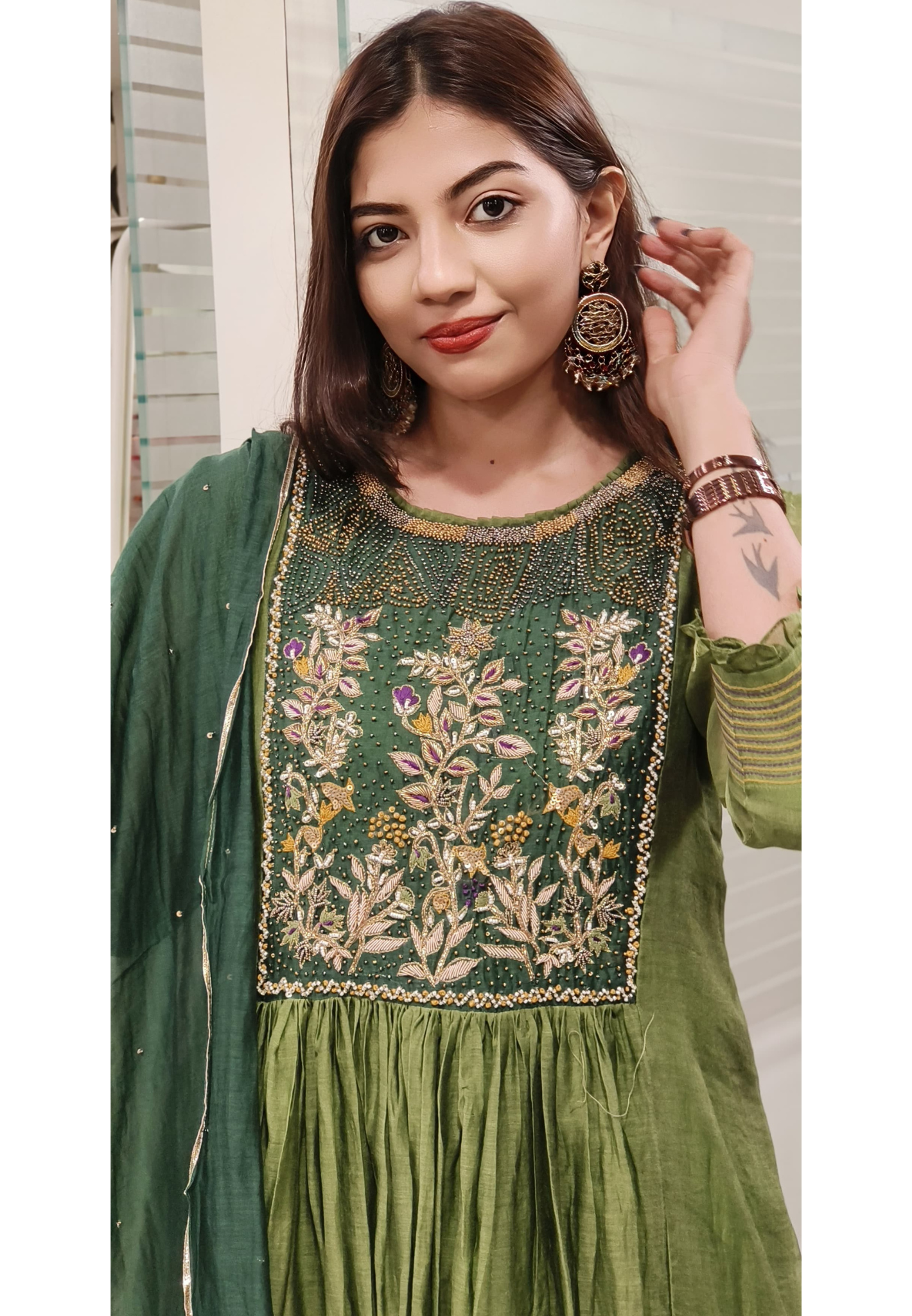 Elegant Mul Chanderi Fabric Embroidered A-Line Full Suit Set with Beads Embroidered Yoke & Shaded Dupatta 9513,9512