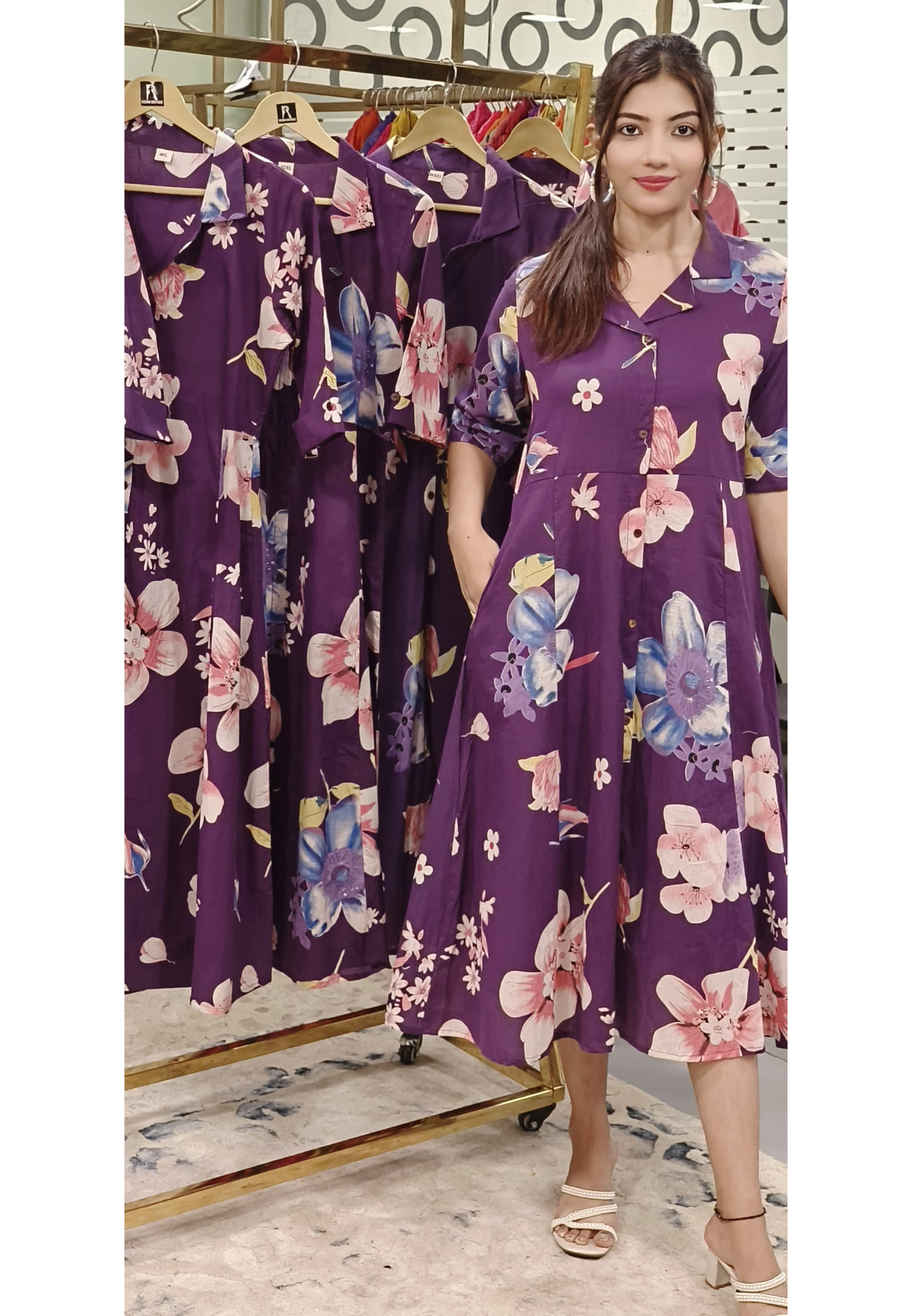 Purple Collar style Big Floral Print Casual Frock With Pocket-9533