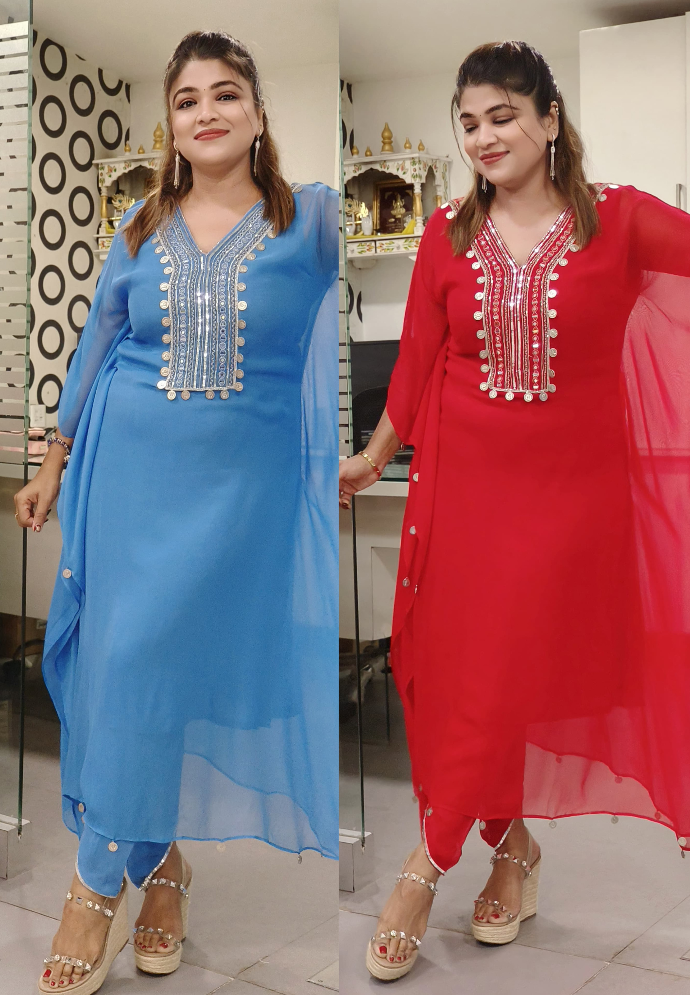 Gorgette Coin and mirror Embroidered Kaftan With inner and Tulip Bottom Dispatching After 15 Days 9548