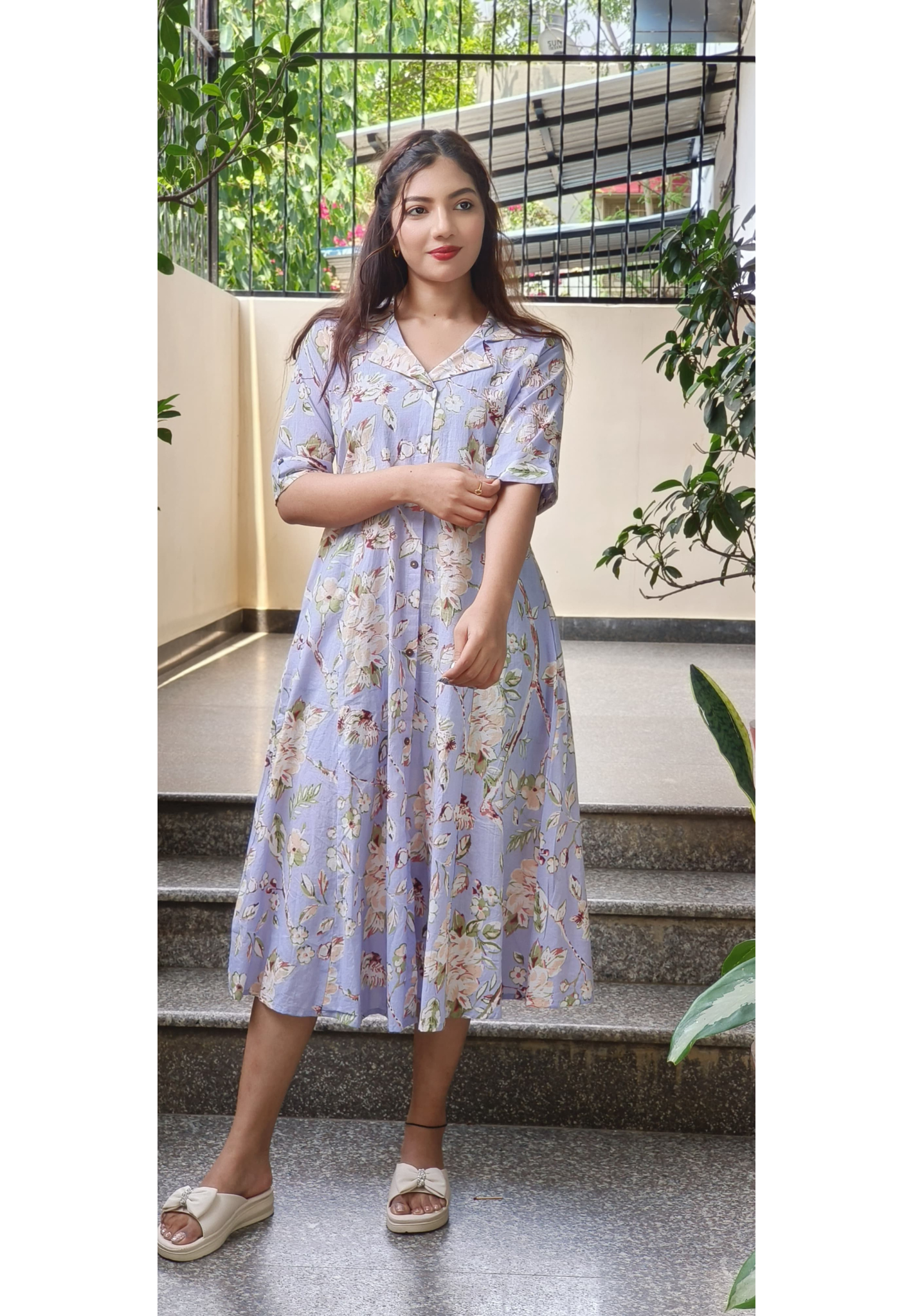Collar style Floral Print Casual Frock With Pocket-9530,9531