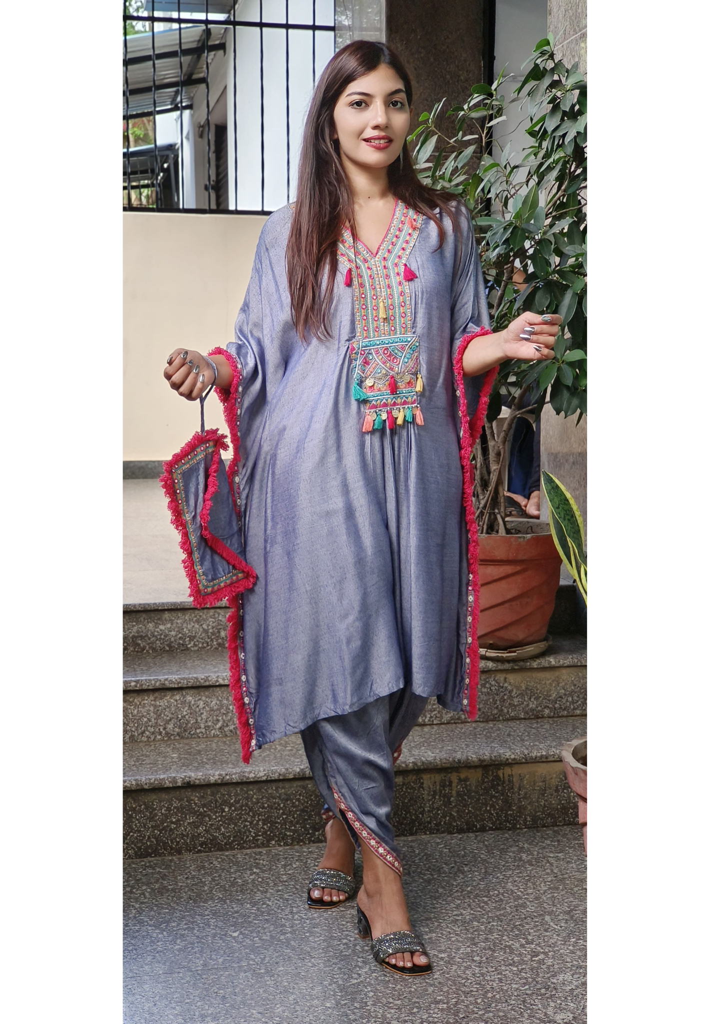 Boho Style Kaftan with Pant Set with Pouch