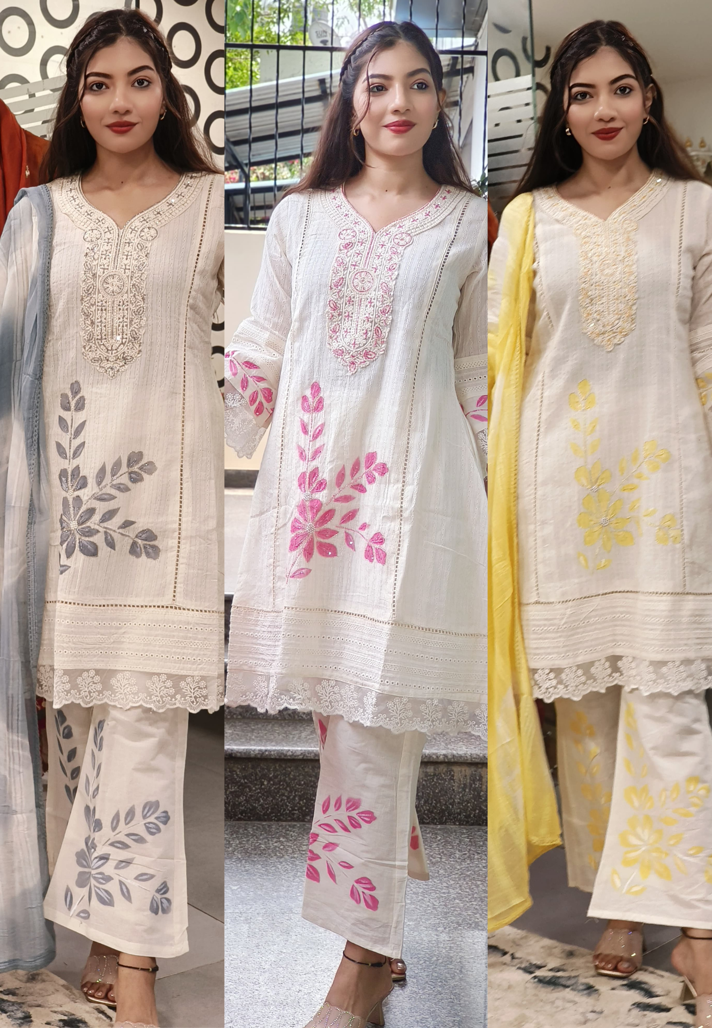 Cotton Embroidered Pakistani Style Full Short Kurta Set With Dupatta -9544/9543/9542