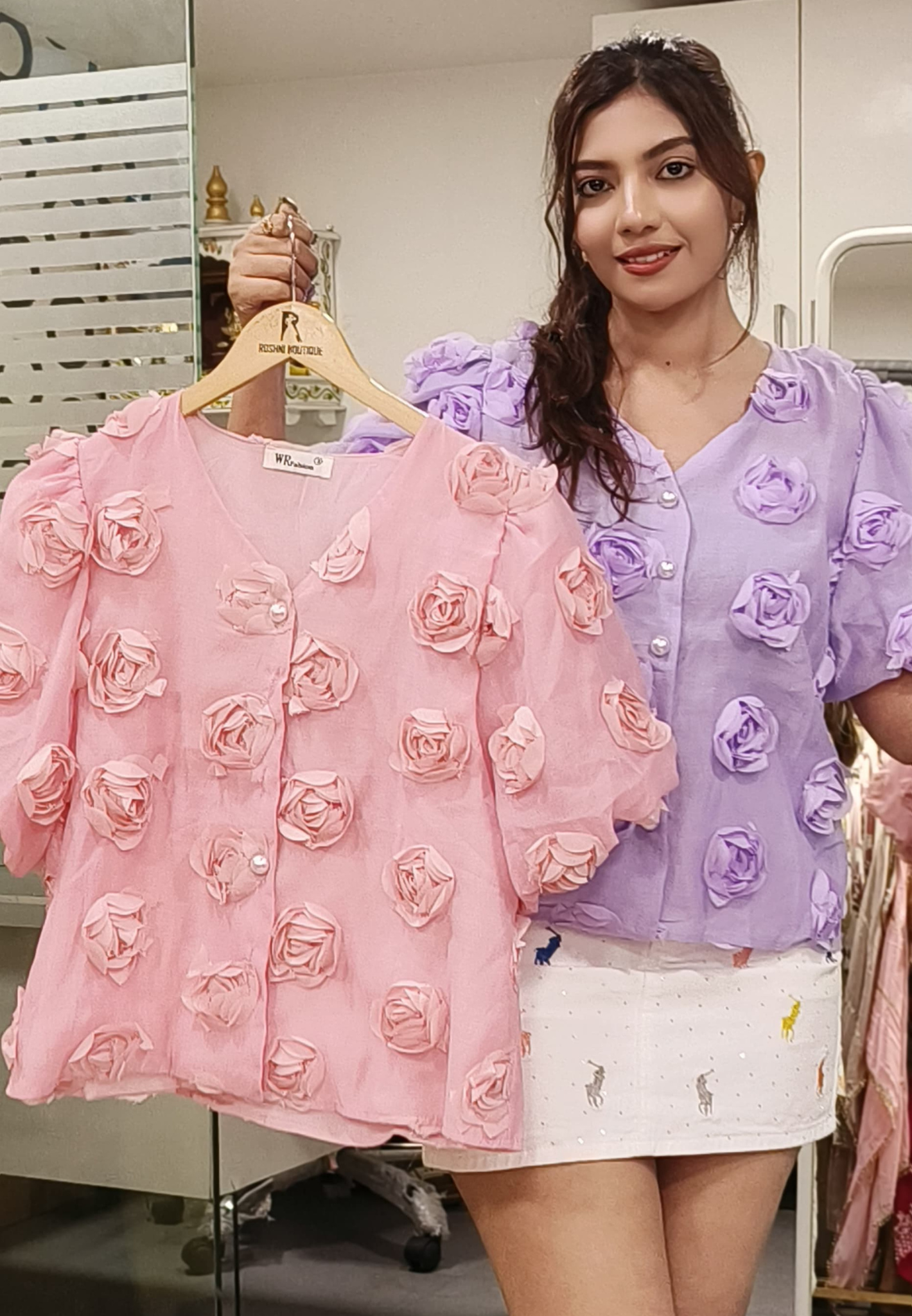 Rose Popped Elegant Top With Pearl Button