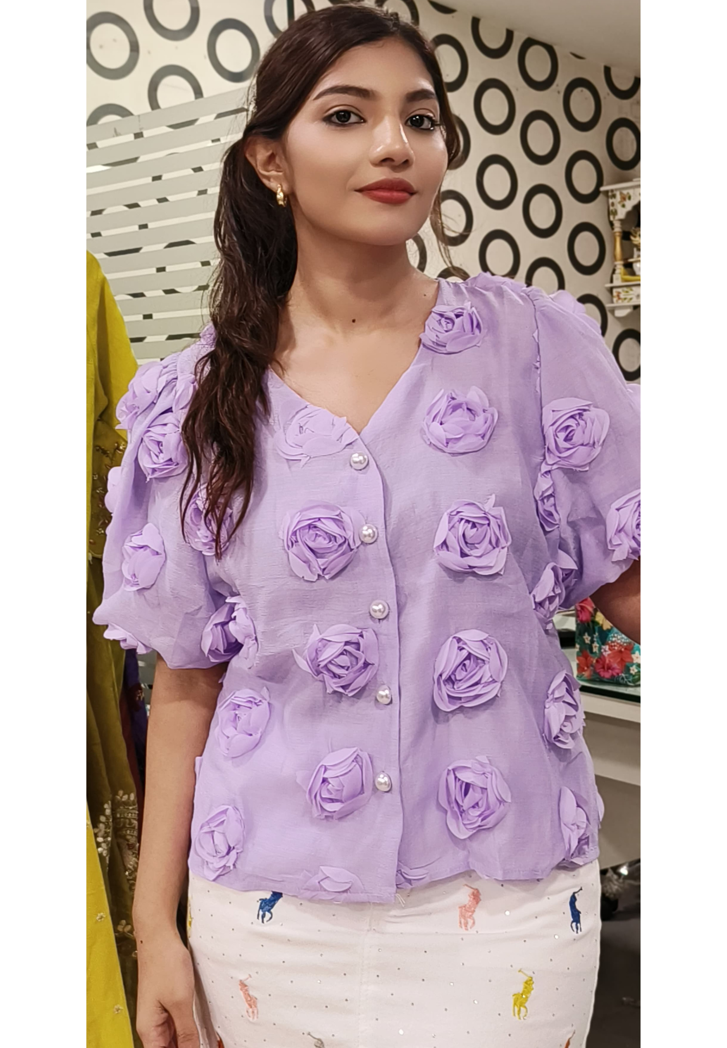 Rose Popped Elegant Top With Pearl Button