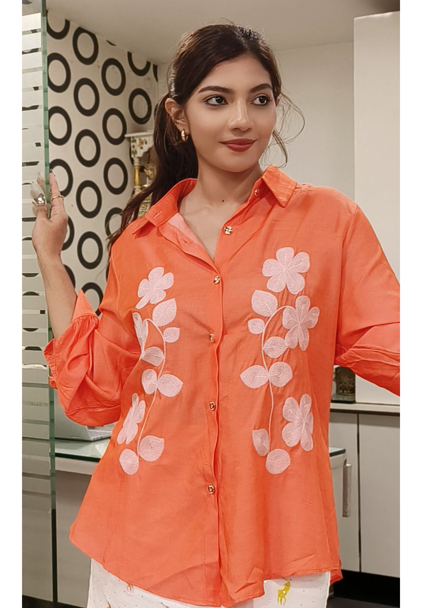 Elegant Coral Floral Embroidered Women's Shirt – Casual Chic Tunic Top