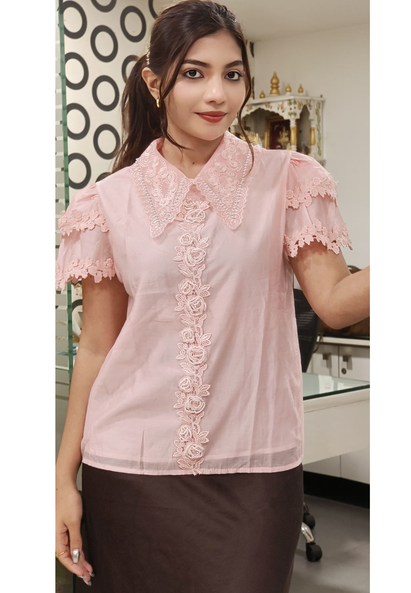 Thread Embroidered With Neck Pearl Work Collar Shirt
