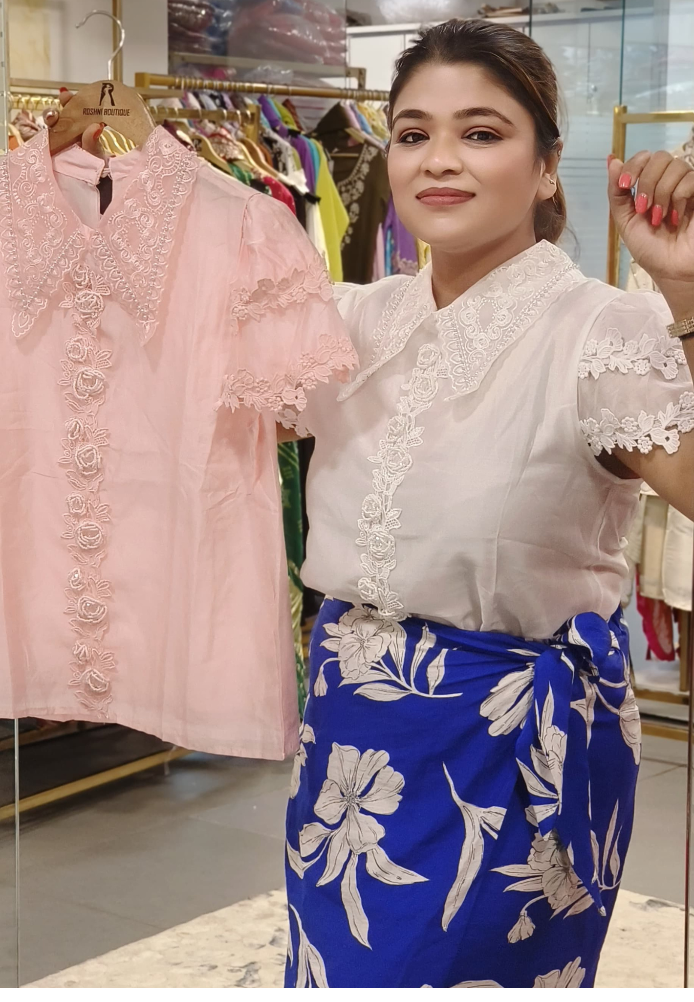 Thread Embroidered With Neck Pearl Work Collar Shirt
