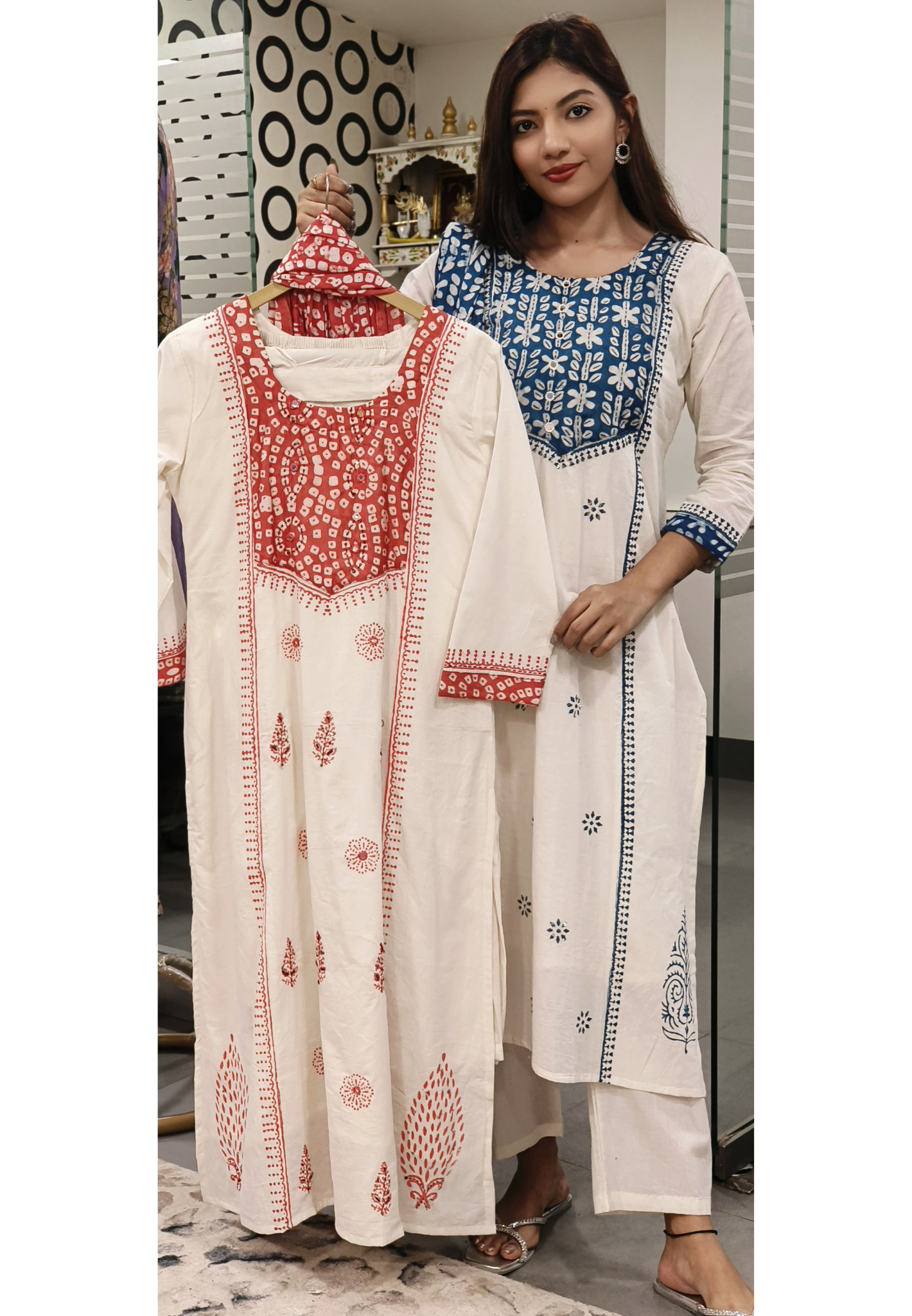 Cotton A-Line Kurta With Pant And cotton Chanderi  Dupatta Set- 09715, 09716
