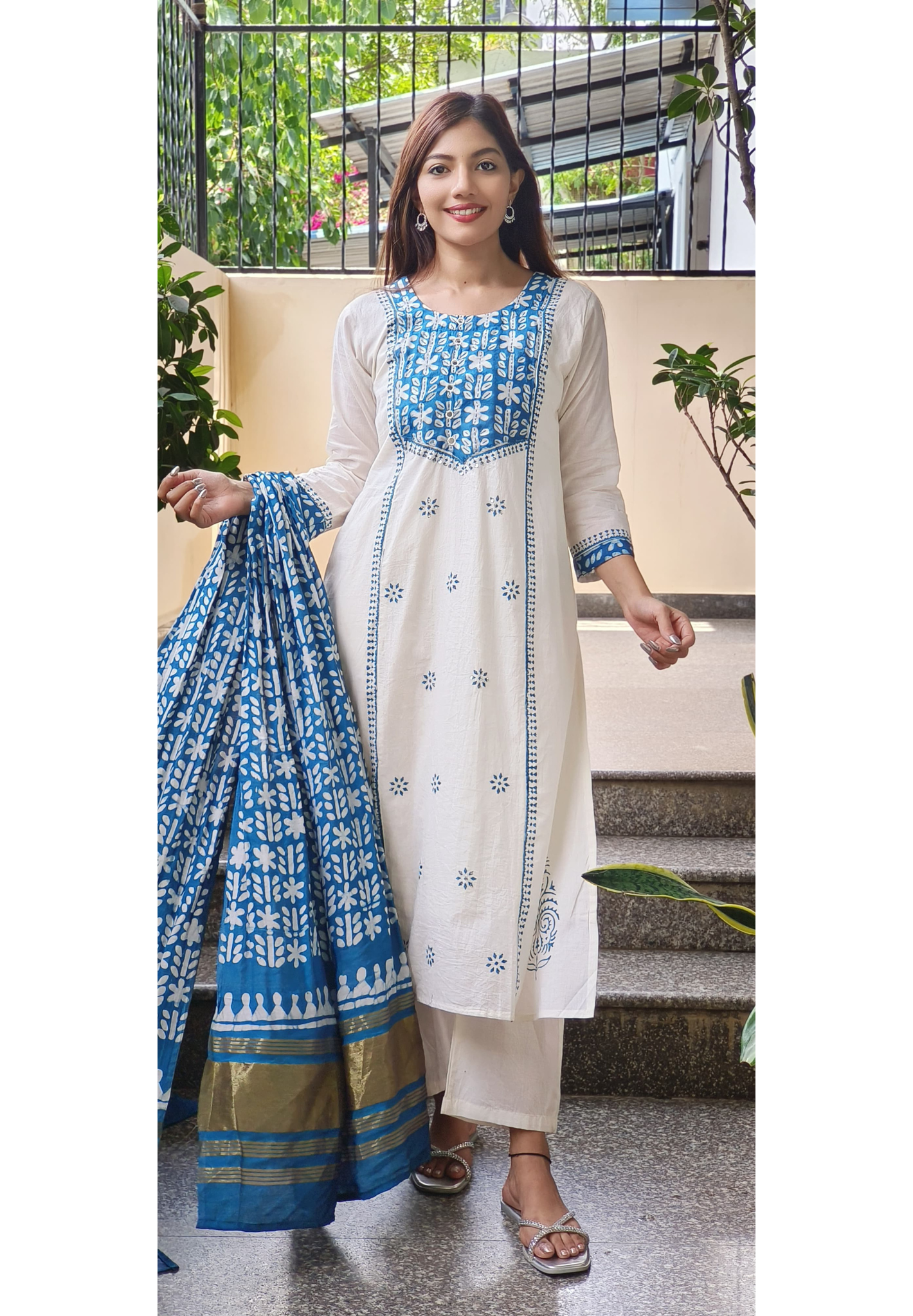 Cotton A-Line Kurta With Pant And cotton Chanderi  Dupatta Set- 09715, 09716
