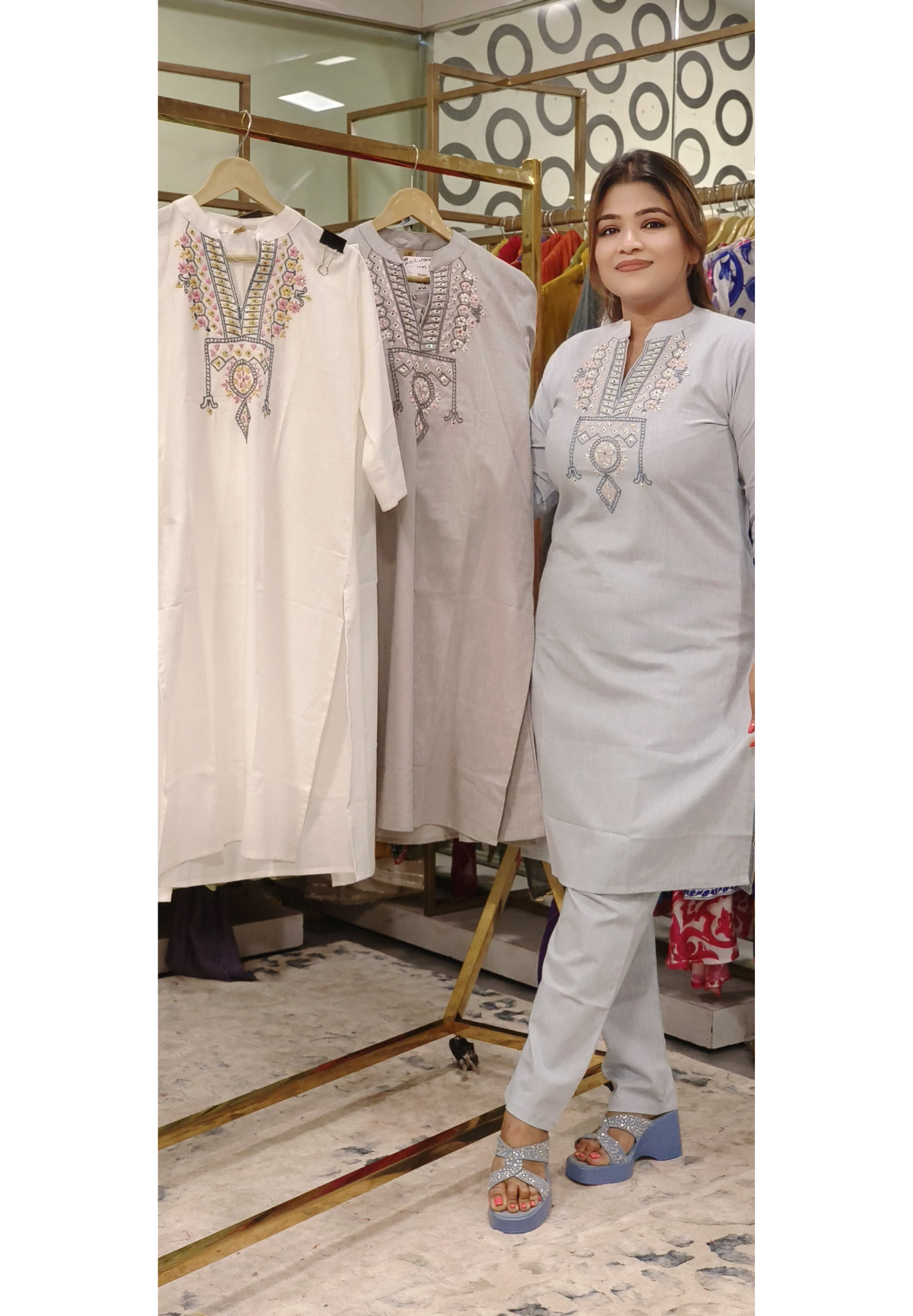 Linen Floral Thread Embroidered Kurta Pant Set- 09700, 09701, 09702
