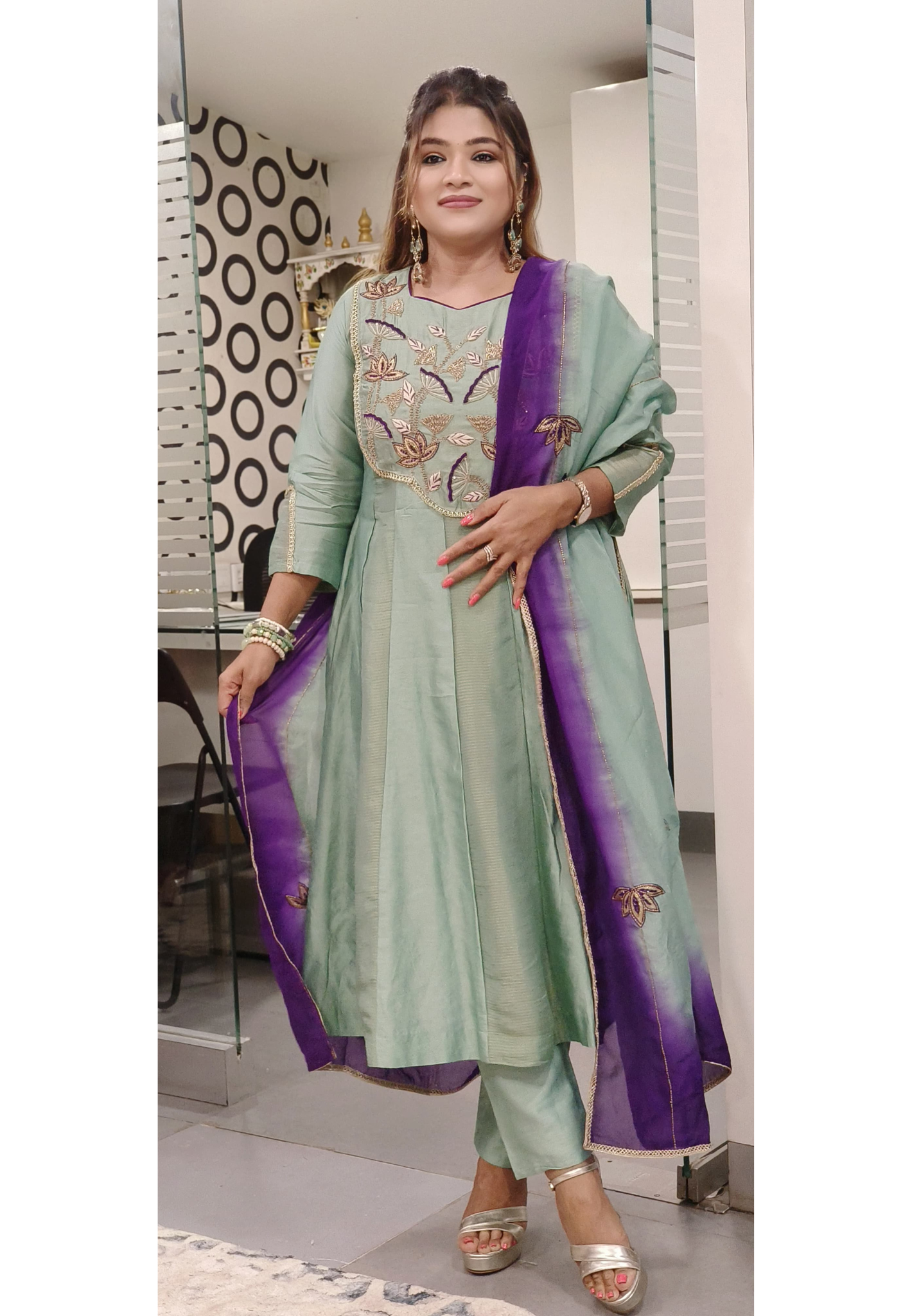 Pure Chanderi Zari Zardozi & Thread Embroidered Work Party Wear Aline Kurta with Pant and Organza Dupatta-