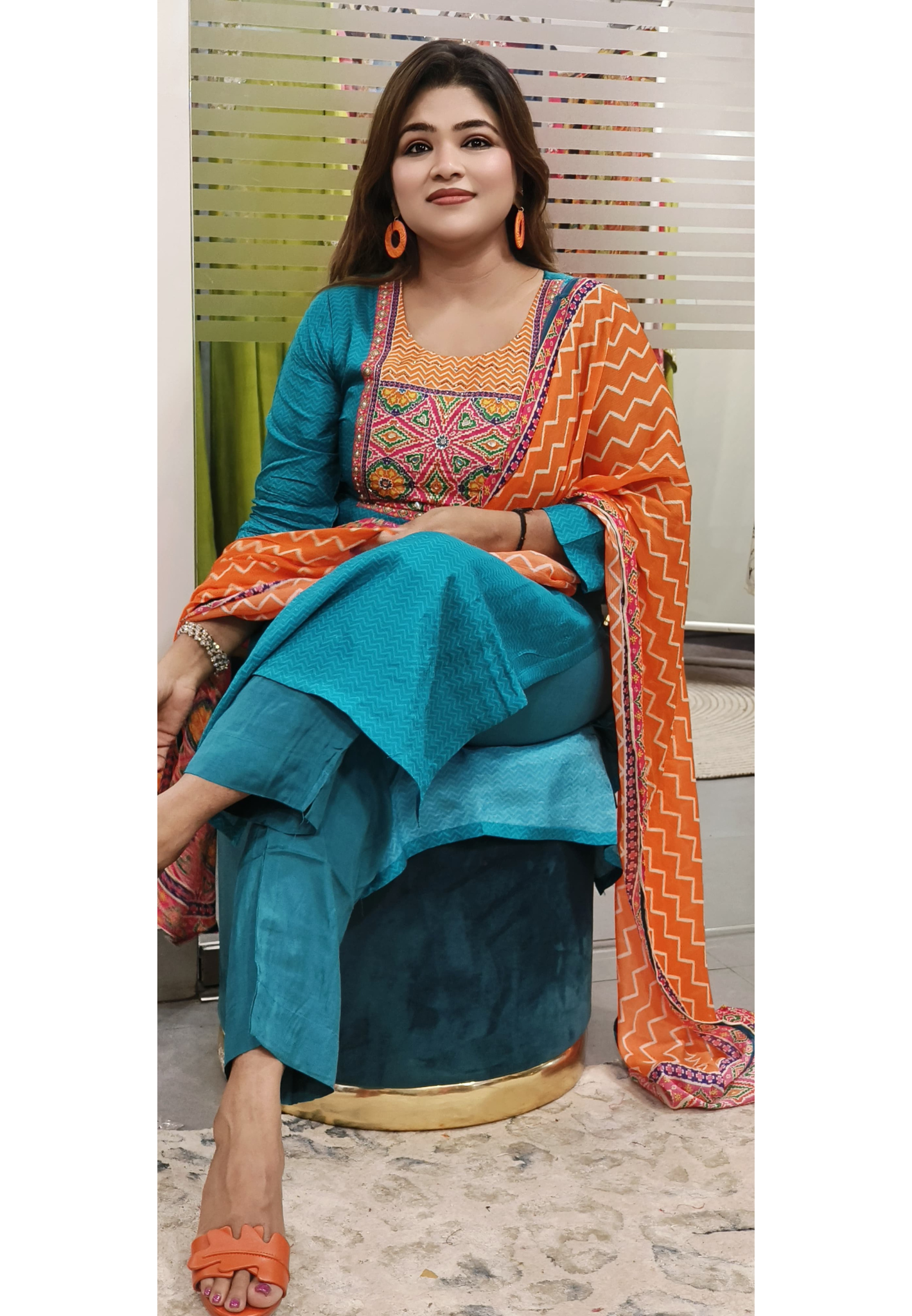 Dola Silk Fabric Multicolor Printed Embroidered Full Suit With Chinon Dupatta Set (Lean Fit)- 09869