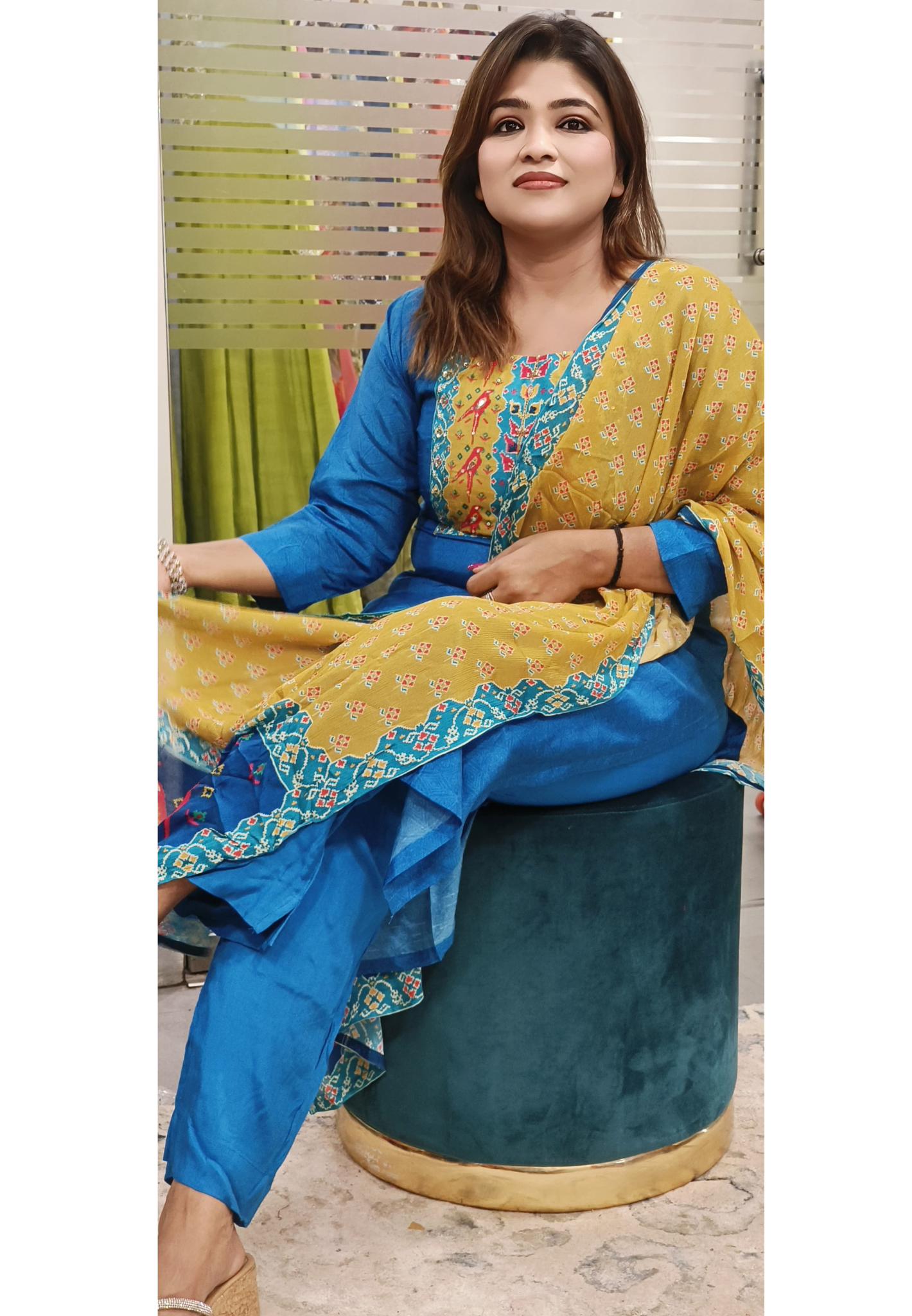 Dola Silk Parrot Print Embroidered Yoke Full Suit Set With Chinon Dupatta (Lean Fit)- 09867