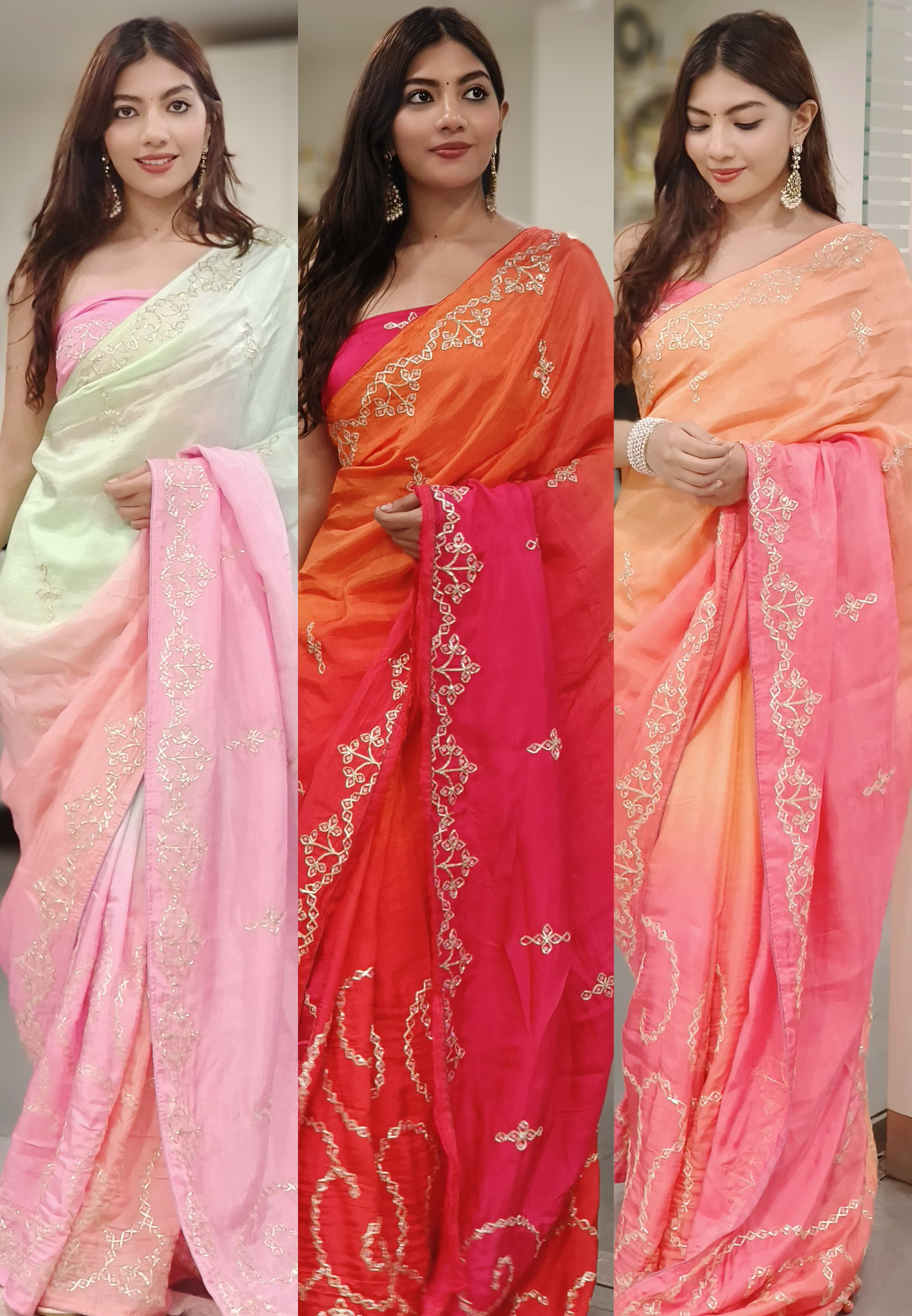 Dual Color Silver Lace Gotta Patti Work Silk Saree (Unstitched Blouse)