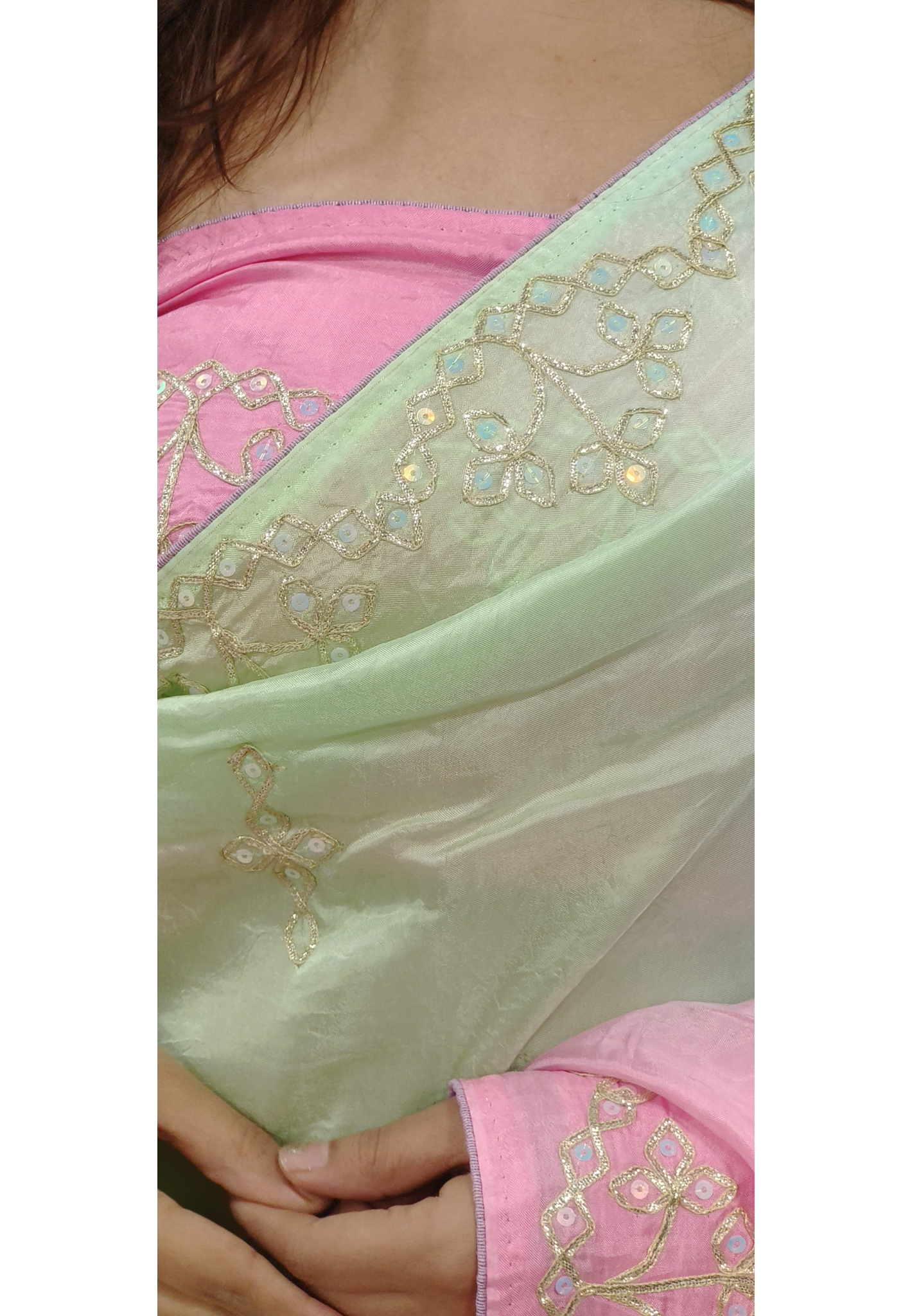 Dual Color Silver Lace Gotta Patti Work Silk Saree (Unstitched Blouse)