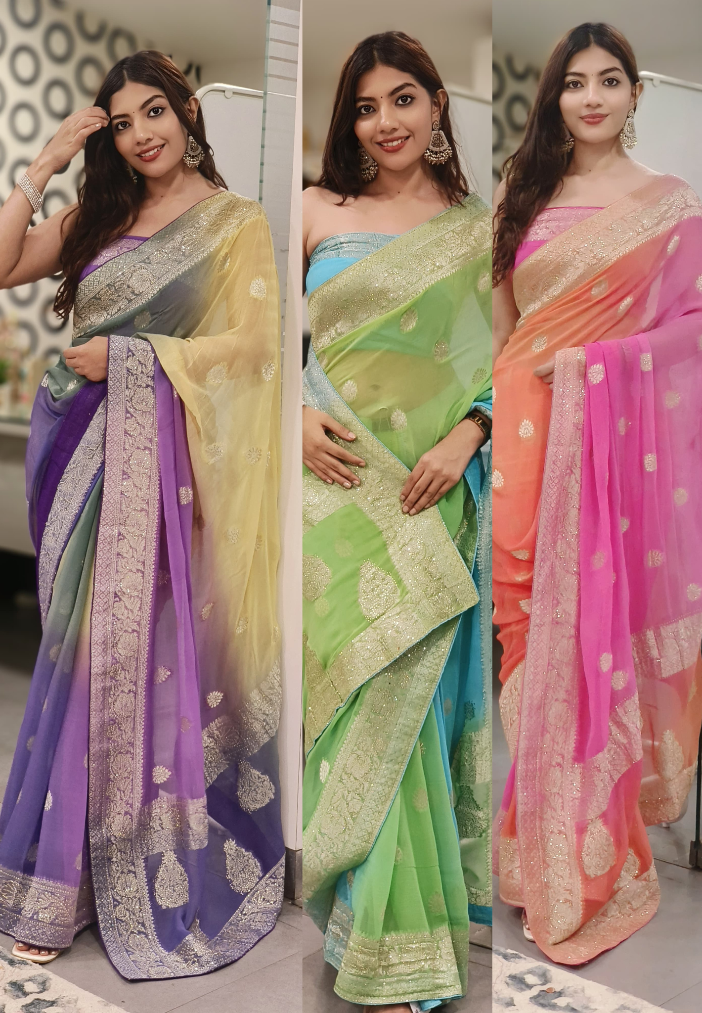 Dual Tone Chiffon Saree With Beautiful Banarasi Border & Stone Work (Unstitched Blouse)