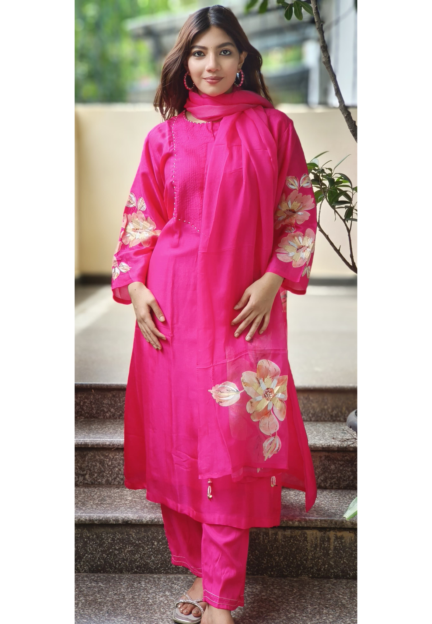 Kareena Kapoor Inspired Beautiful Patch Rose Sepal Work Mul Chanderi Solid Shade Full Suit Set With Placement Print Dupatta- 09879