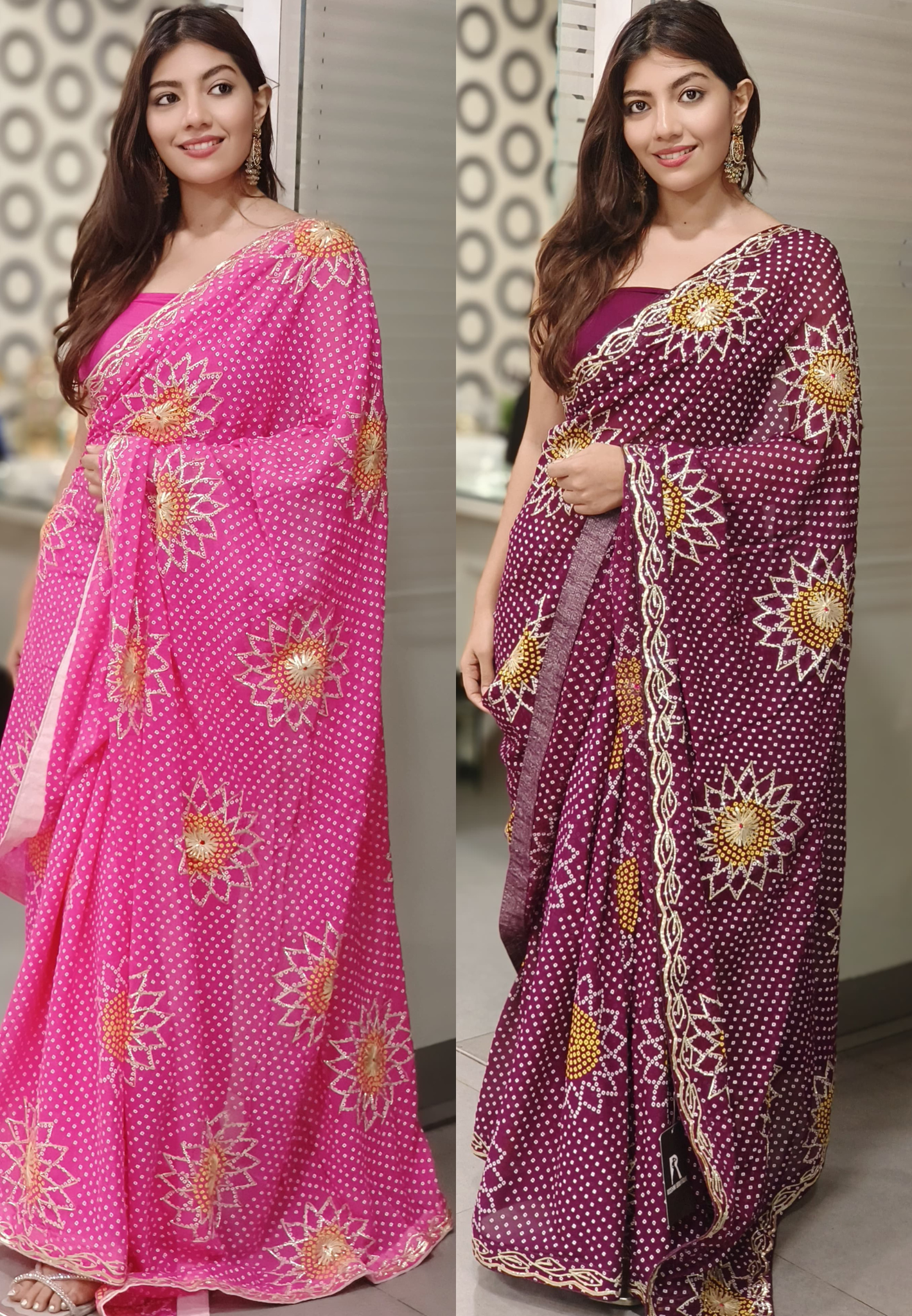 Gota Patti Work Bandhani Print Georgette Saree (Unstitched Blouse)