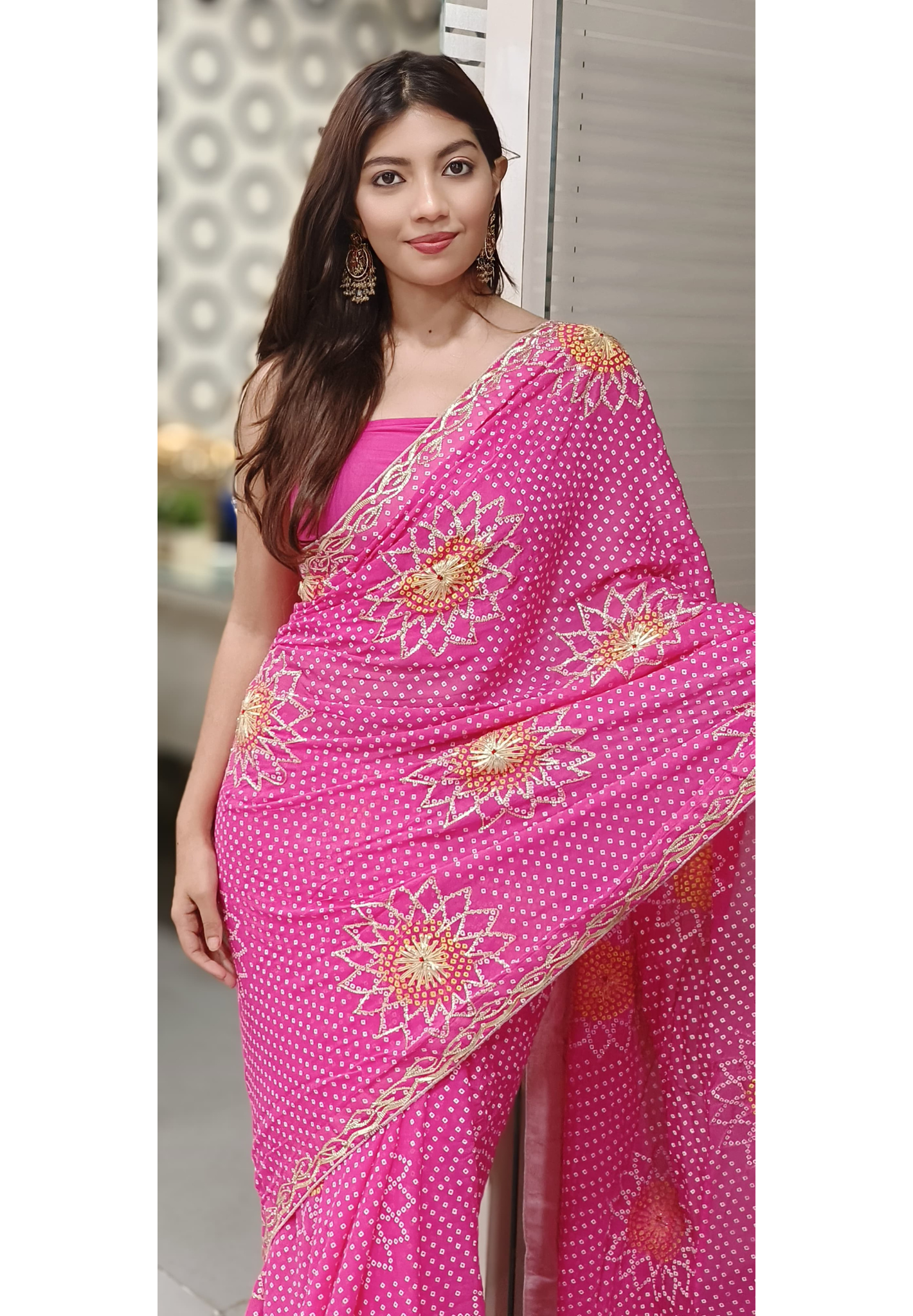 Gota Patti Work Bandhani Print Georgette Saree (Unstitched Blouse)