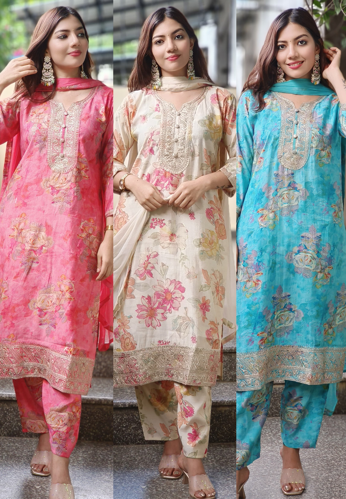 Ready To Wear Floral Printed Full Suit Set In Modal Muslin Fabric- 10147, 10148 & 10149