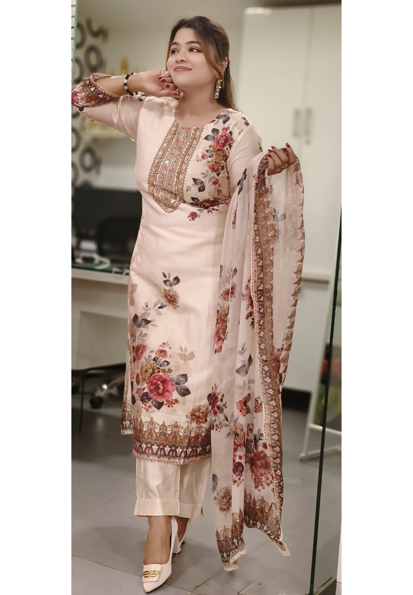 Real Mirror & Coiled Zari Front Work Floral Placement Printed Full Suit Set With Dupatta In Glaze Cotton Fabric