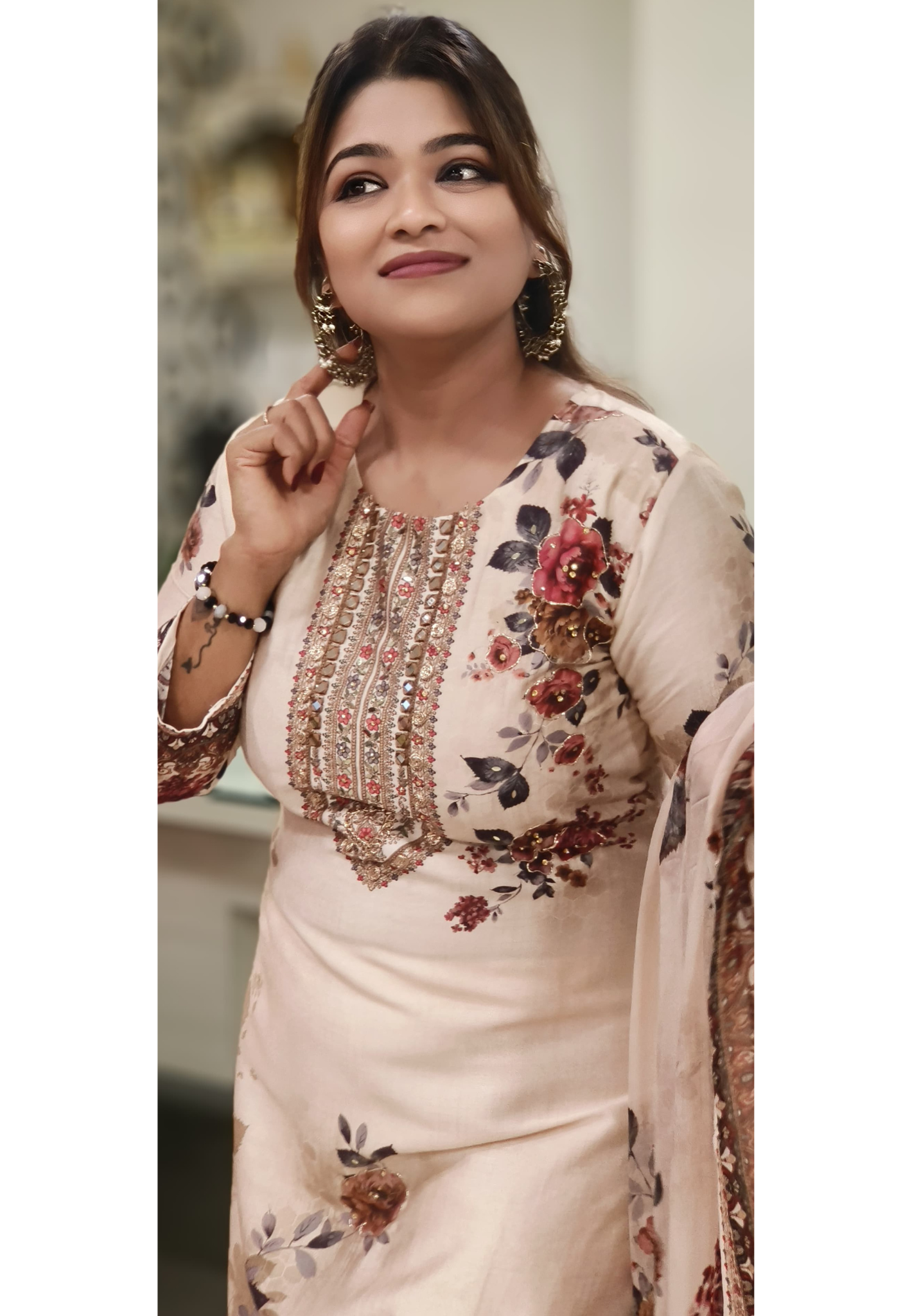 Real Mirror & Coiled Zari Front Work Floral Placement Printed Full Suit Set With Dupatta In Glaze Cotton Fabric