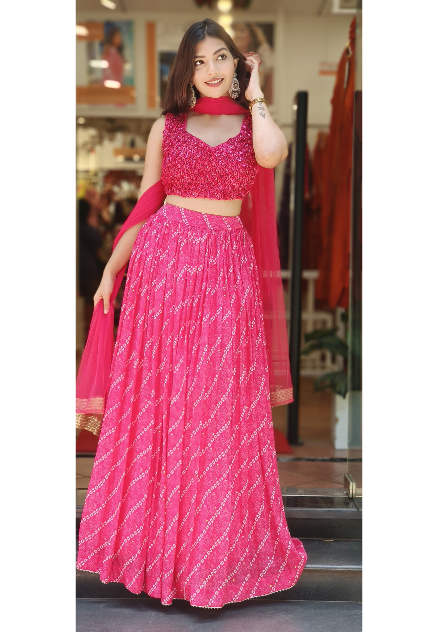 Party Wear Hand Work  Indo Western Crop Top And Skirt With Duptta