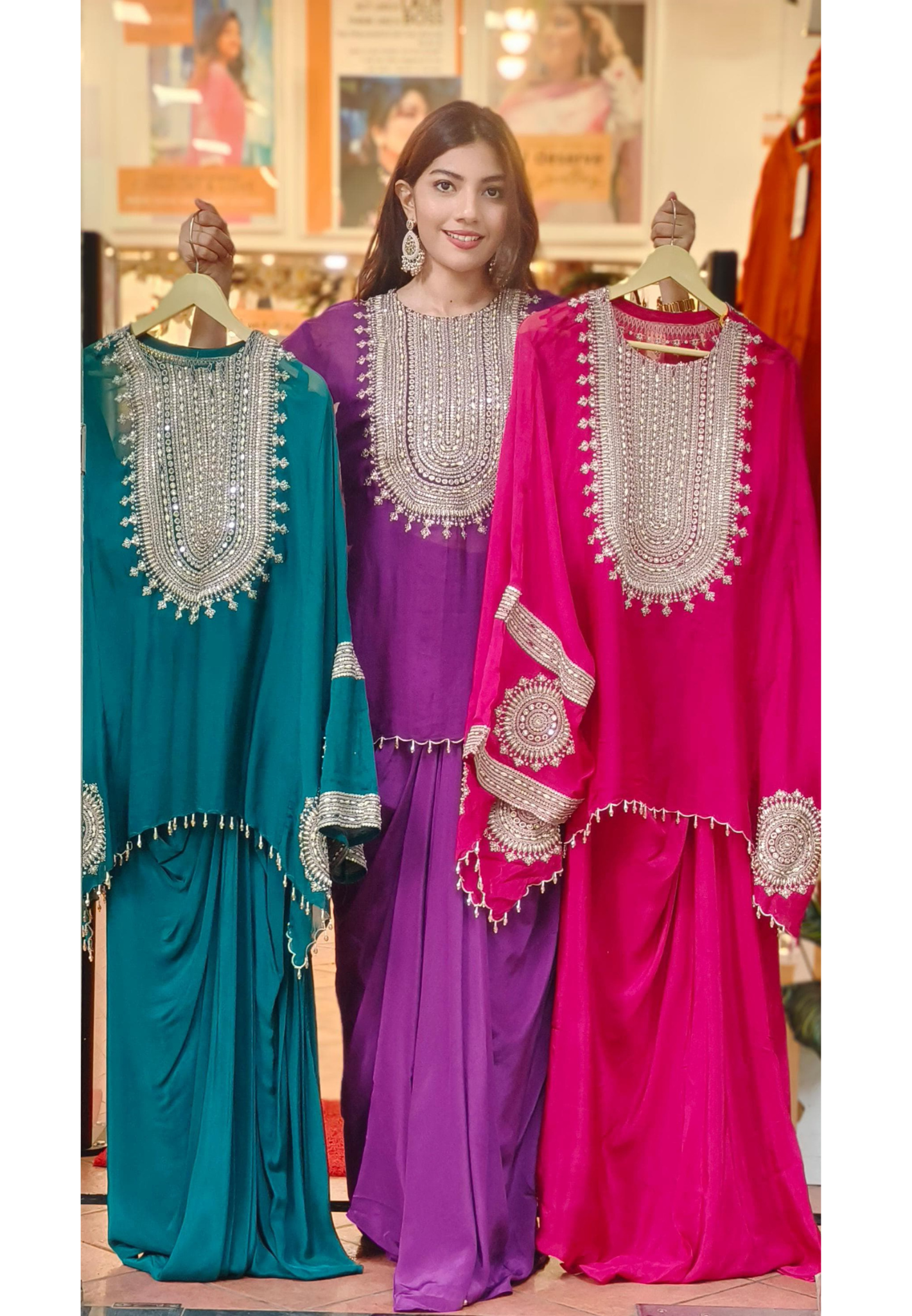 Stylish Party Wear Indo-western Dress with Padded Busters Drape Skirt And Embroidered Cape Style Top
