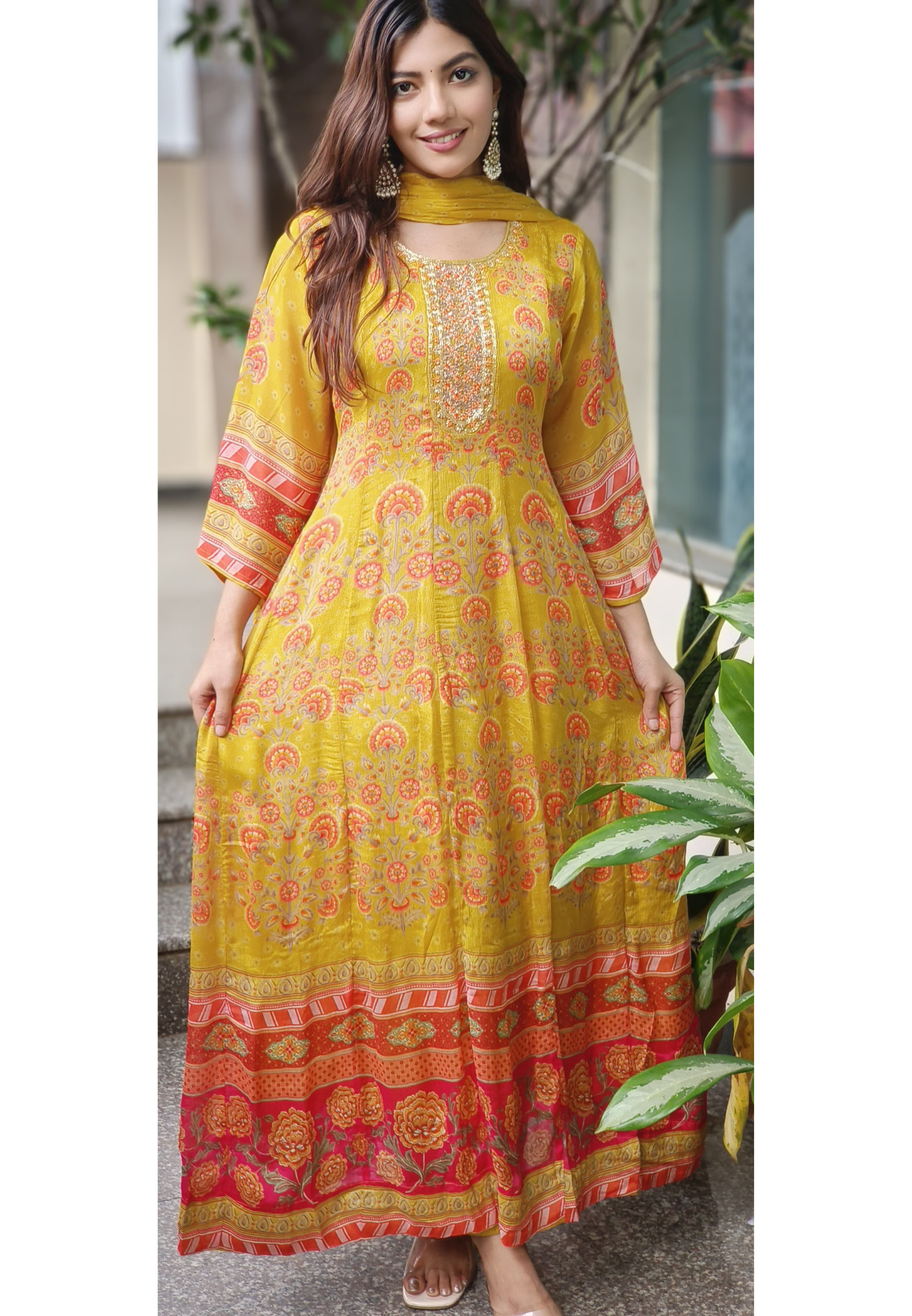Mustard Elegance Panel Anarkali Full Suit Set With Dupatta- 10323