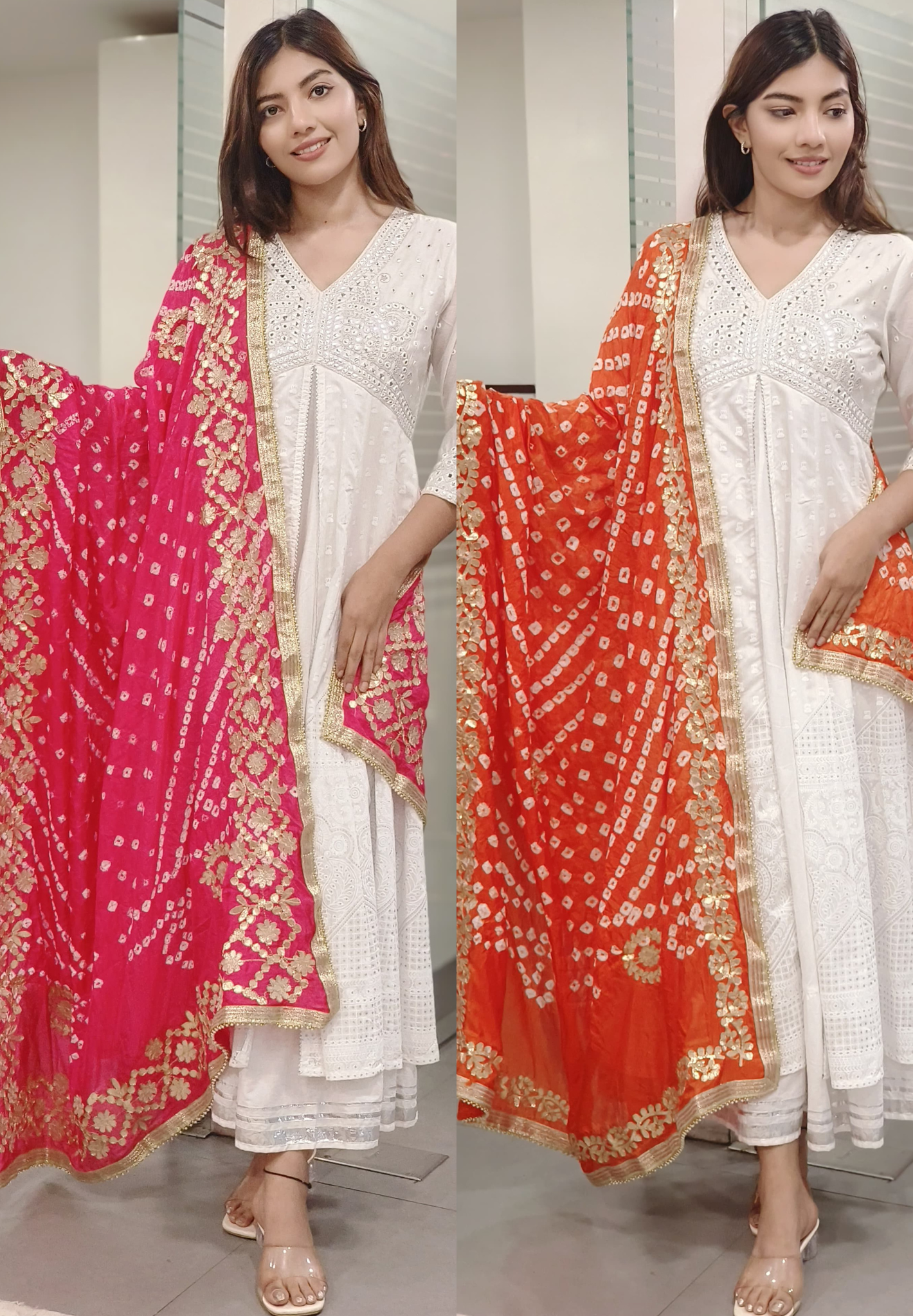 Muslin Silk Bandhani Printed Beautiful Gotta Work Border Dupatta Only Dispatching after 10 Days
