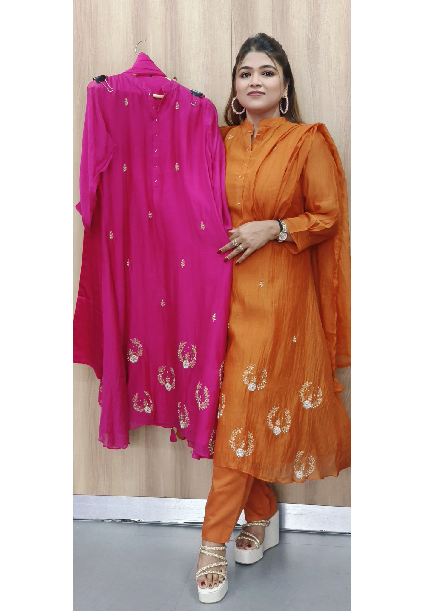 Solid Shade Minimal Handwork Mul Chanderi A-Line Full Suit Set With Dupatta
