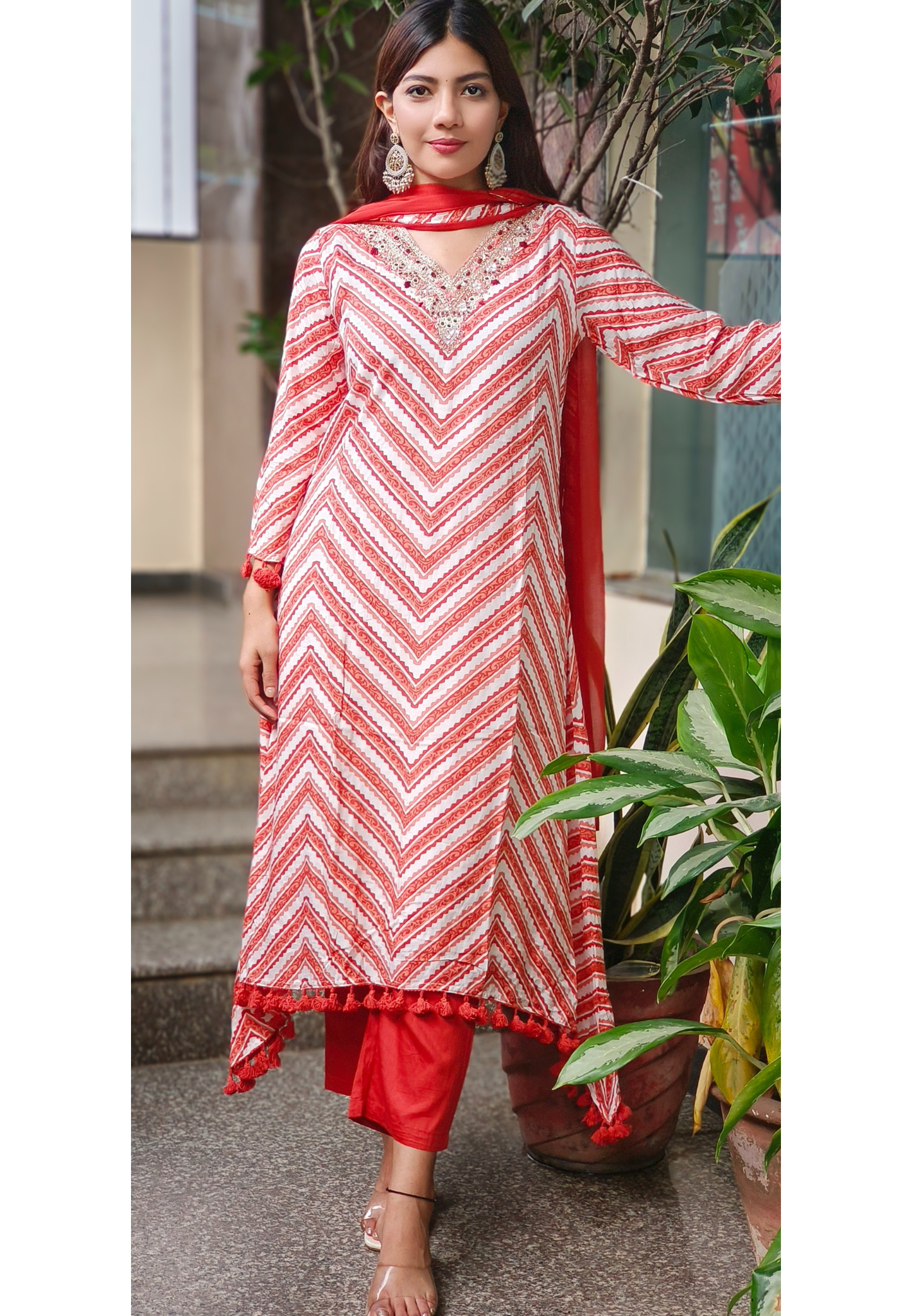 Elegant Lehriya Muslin Hi low Style Kurta Full Set with Handwork Detailing Tassel Accents