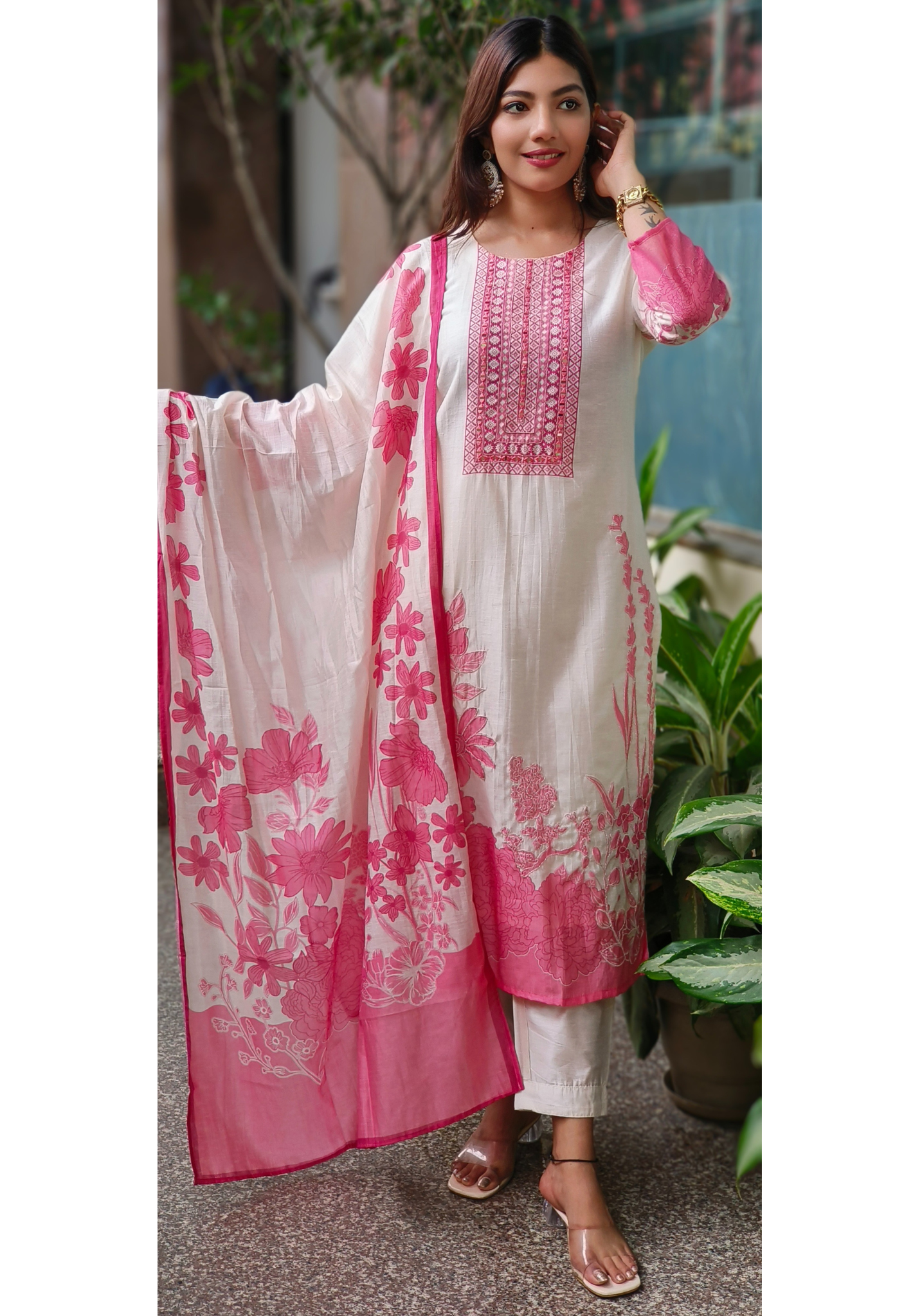 Graceful Cream & Pink Floral Embroidered Modal Muslin Kurta Set with Printed Dupatta & Subtle Detailing