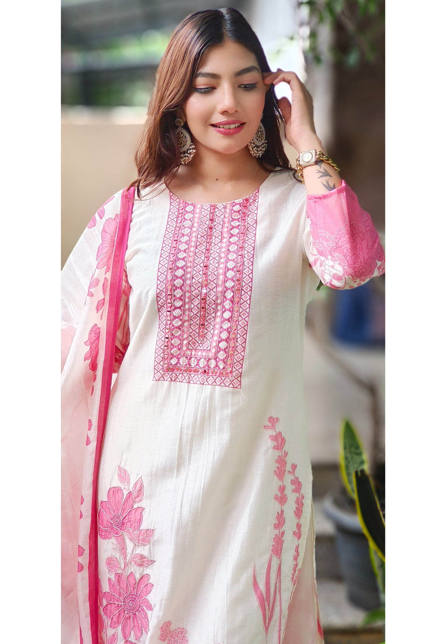 Graceful Cream & Pink Floral Embroidered Modal Muslin Kurta Set with Printed Dupatta & Subtle Detailing