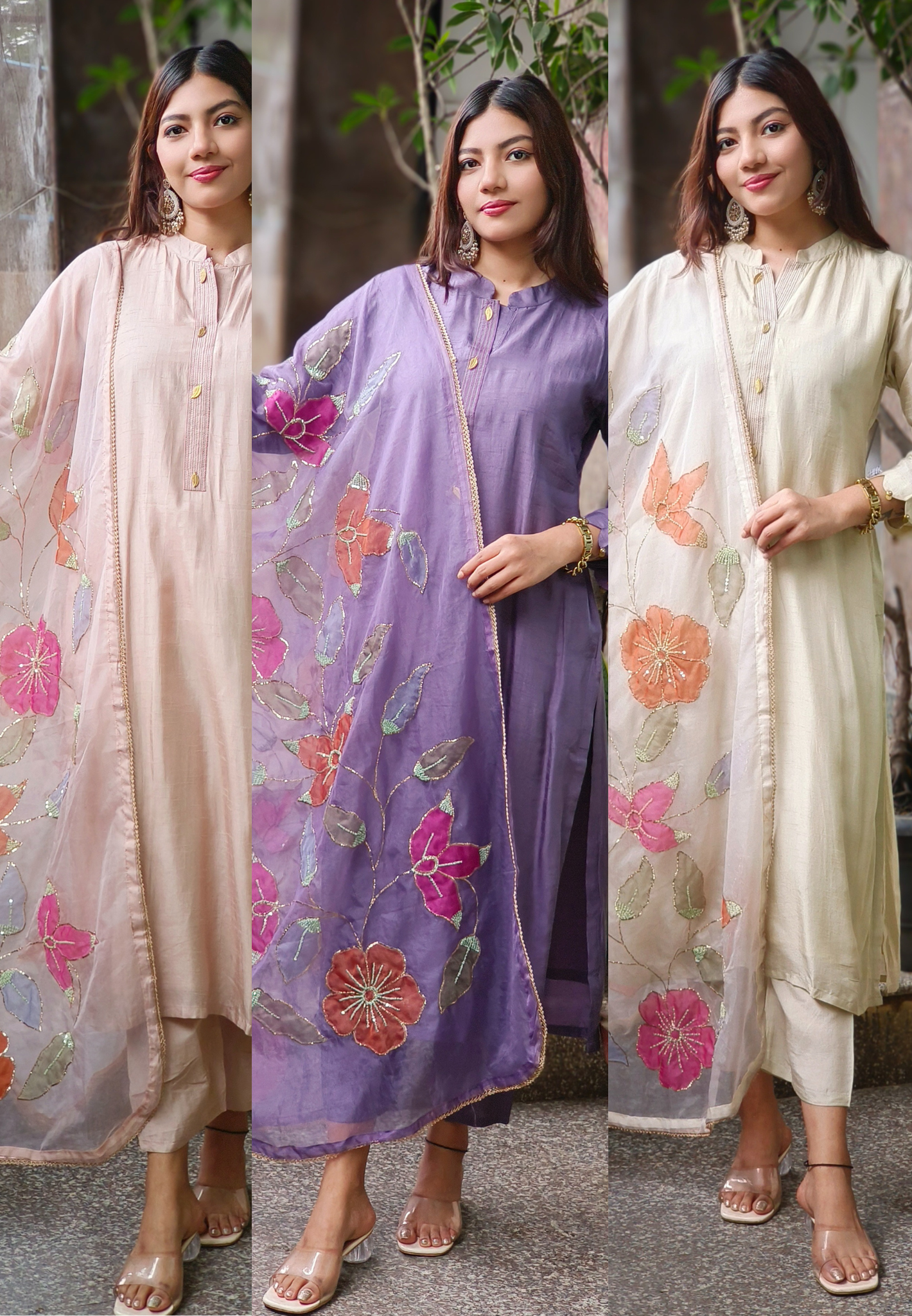 Royal Straight-Cut Silk Kurta Set with Floral Embroidered Organza Dupatta and Subtle Neckline Detailing