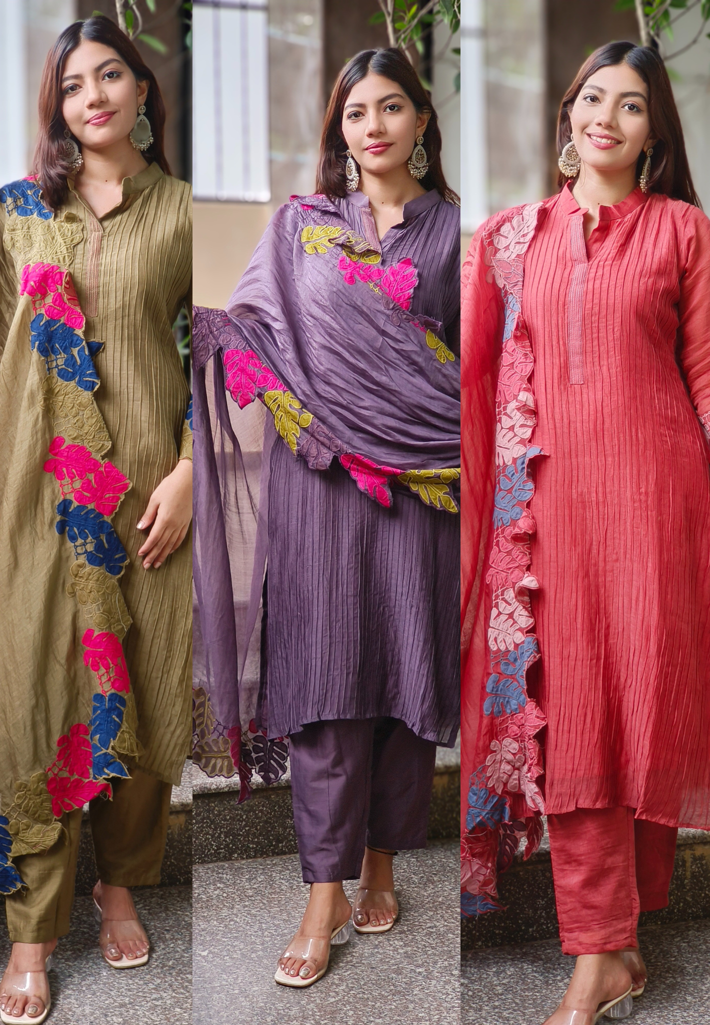 Mulchanderi Straight Kurta Set with Fine Pintuck Detailing and Contrast Leaf Cut Work Dupatta