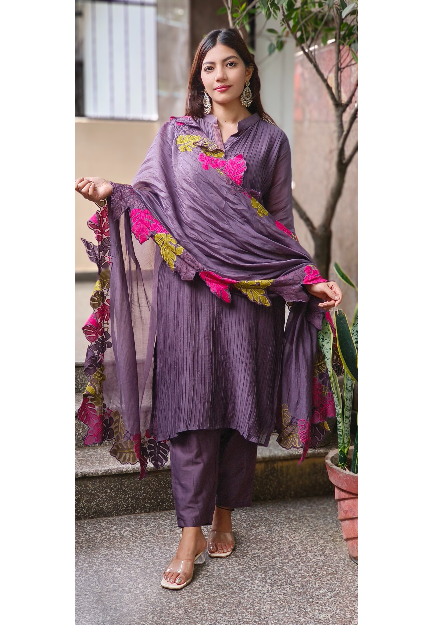 Mulchanderi Straight Kurta Set with Fine Pintuck Detailing and Contrast Leaf Cut Work Dupatta