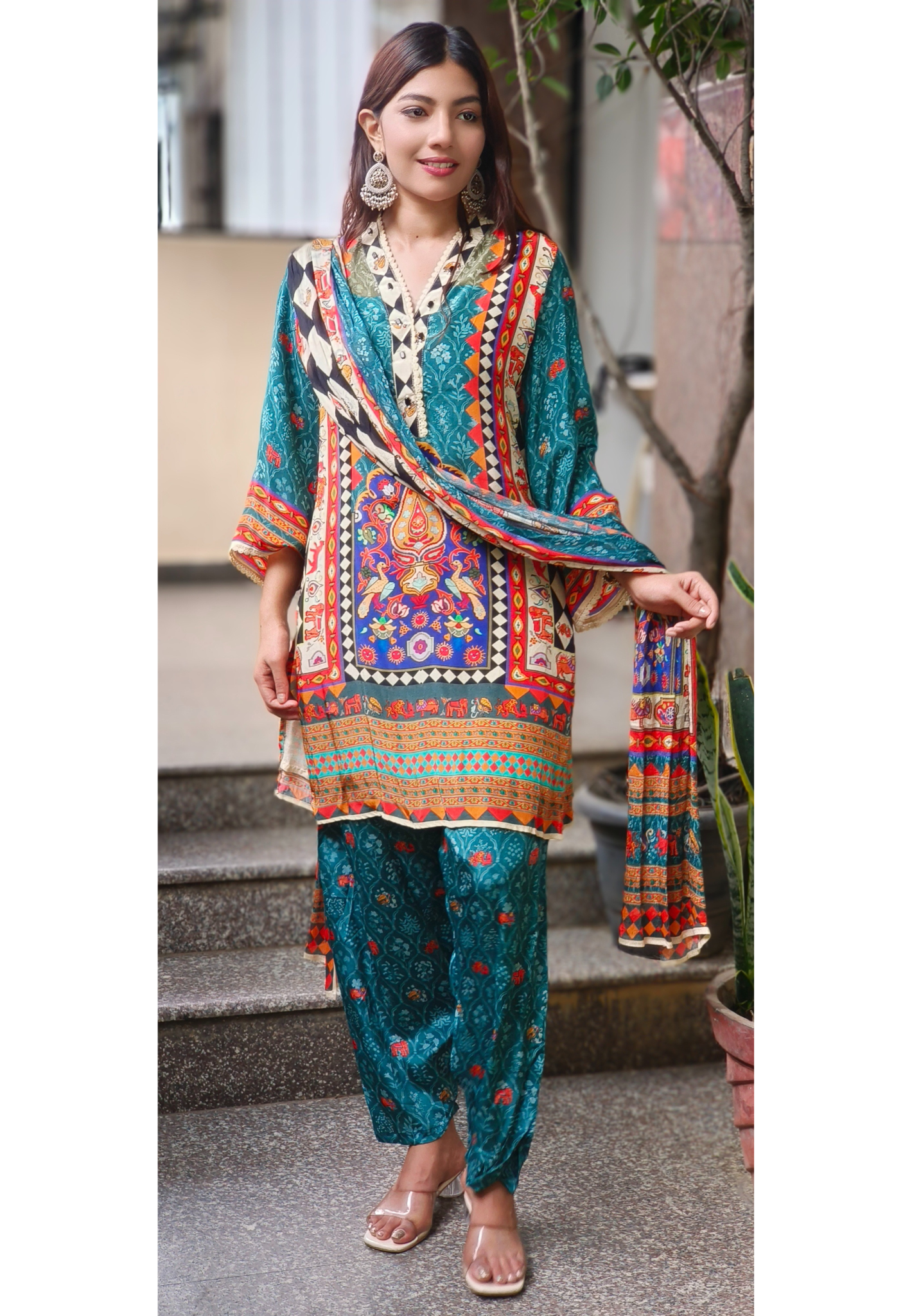 Multicolor Boho-Inspired Printed Crepe Kurta Set with Contrasting Chinon Dupatta
