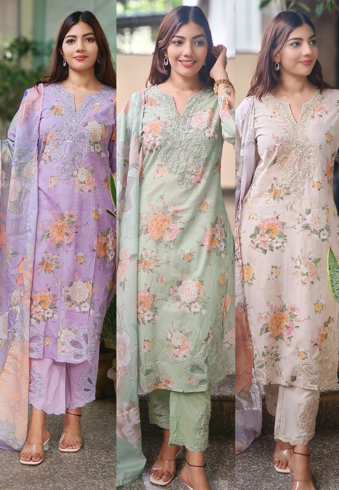 Pastel Floral Cotton Kurta Sets with Embroidered Neck, Organza Sleeve Patches & Matching Kora Checks Cotton Dupatta