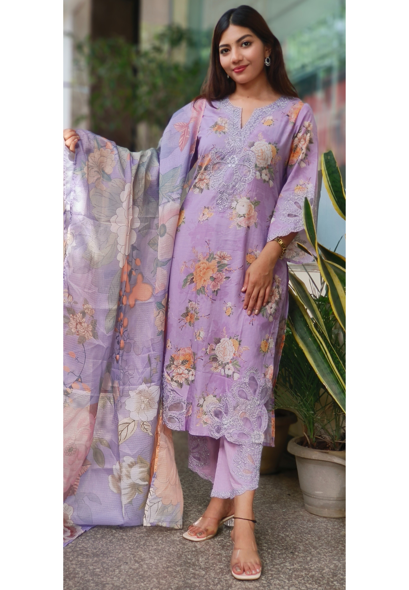 Pastel Floral Cotton Kurta Sets with Embroidered Neck, Organza Sleeve Patches & Matching Kora Checks Cotton Dupatta
