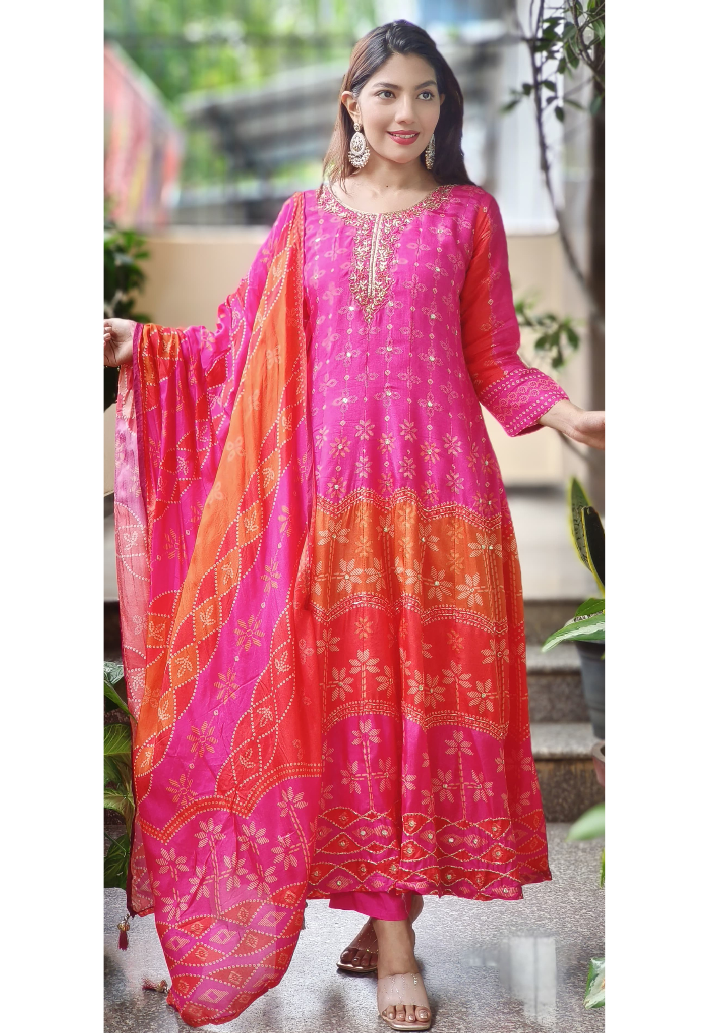 Ombre Shade Silk Printed Panel Anarkali set With Dupatta