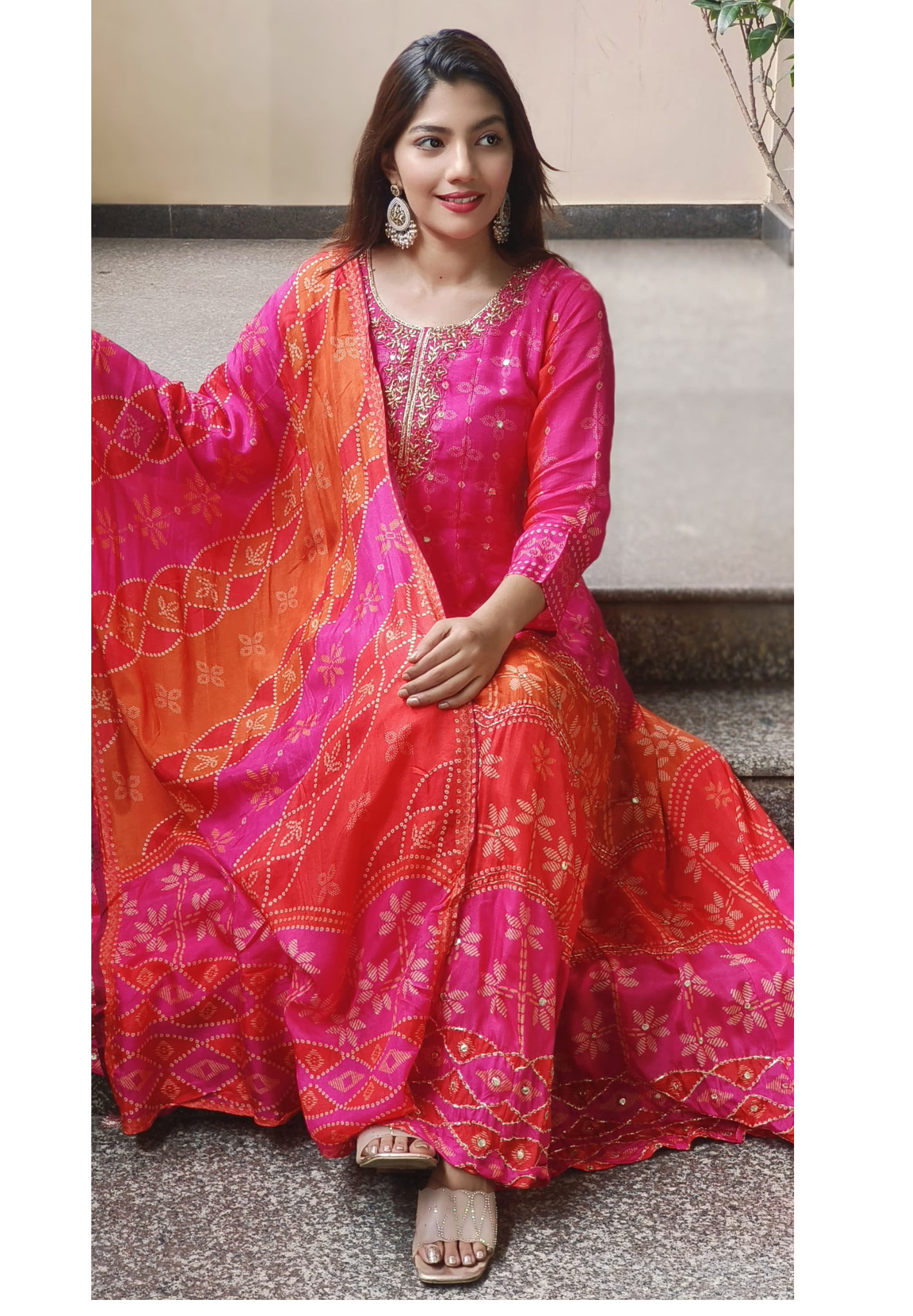 Ombre Shade Silk Printed Panel Anarkali set With Dupatta